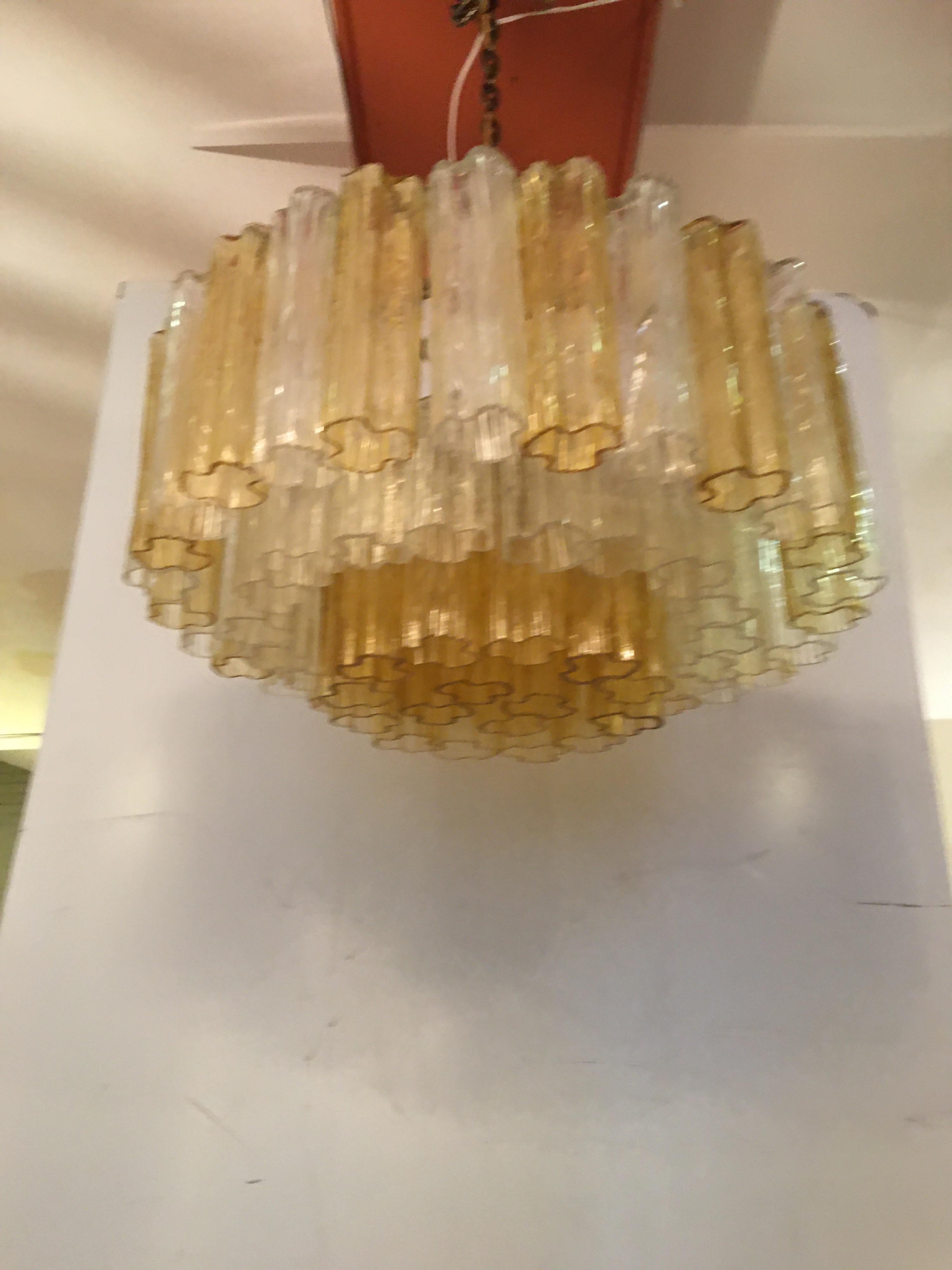 Italian Venini Tonchi 3-Tier Amber and Clear Chandelier