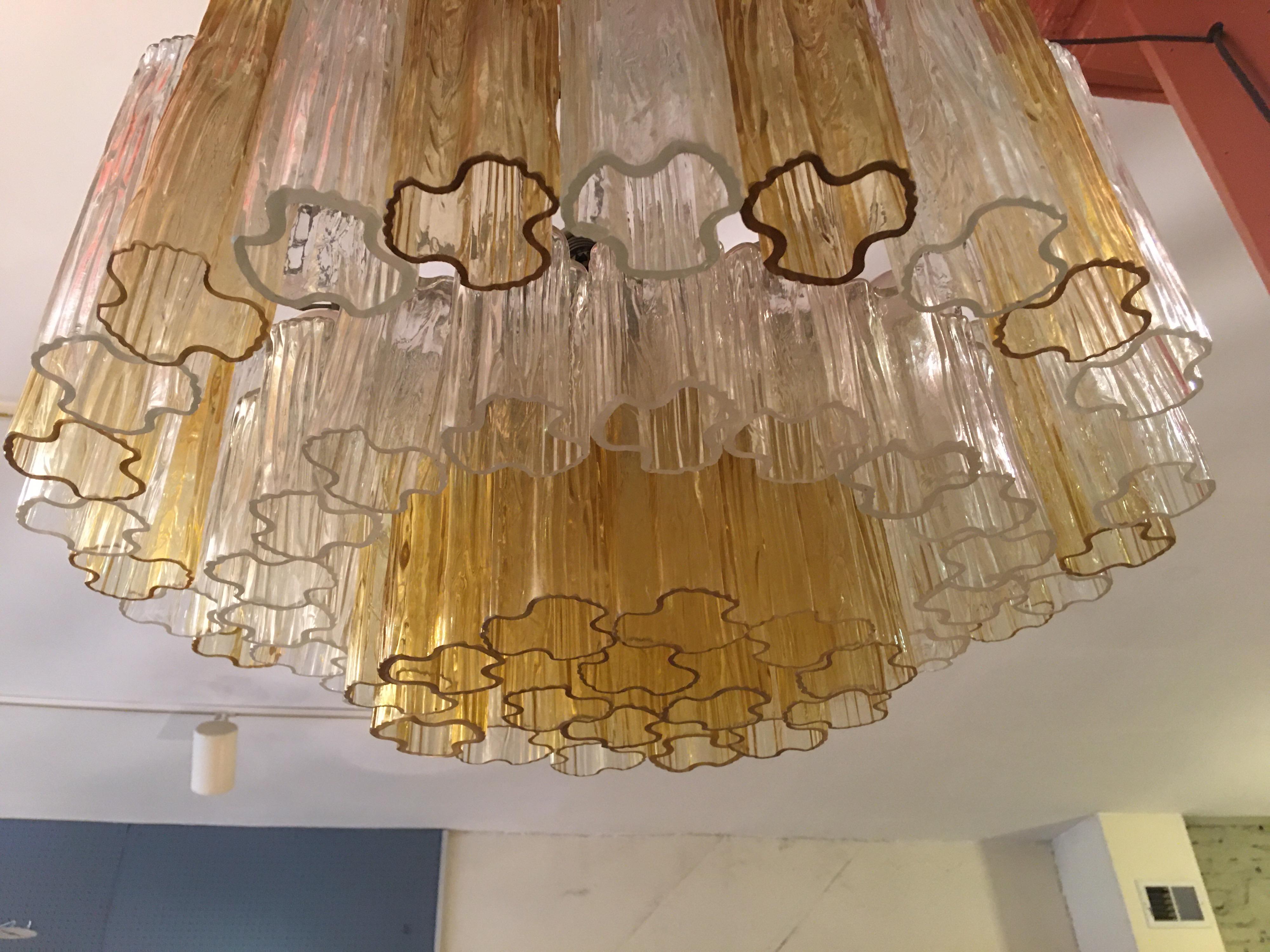 Brass Venini Tonchi 3-Tier Amber and Clear Chandelier