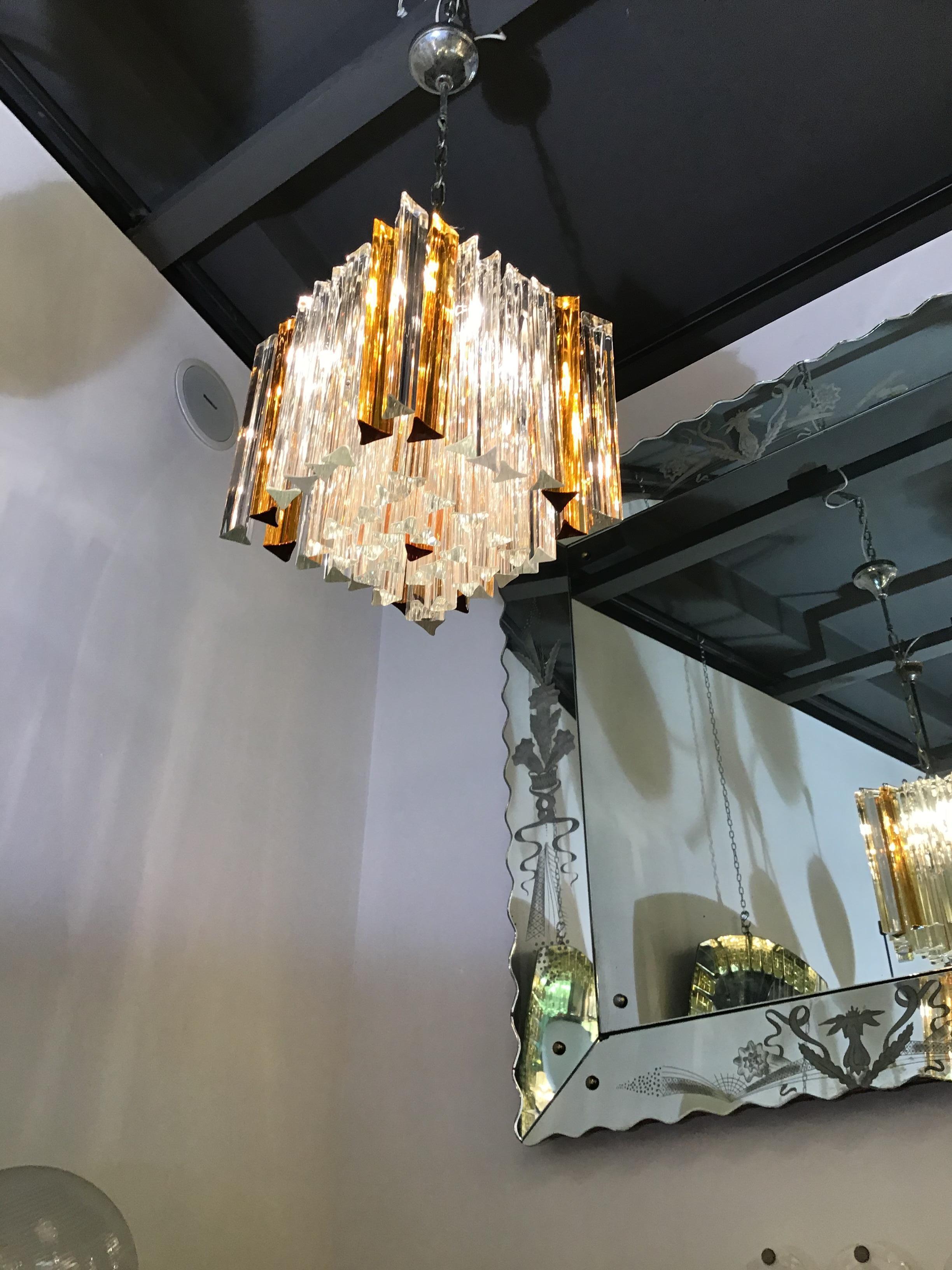 Venini Triedi White Gold Yellow Murano Glass Brass Chandelier, Italian, 1960 For Sale 14