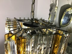 Lampadario Venini Triedi in vetro di Murano giallo oro bianco e ottone, italiano, 1960