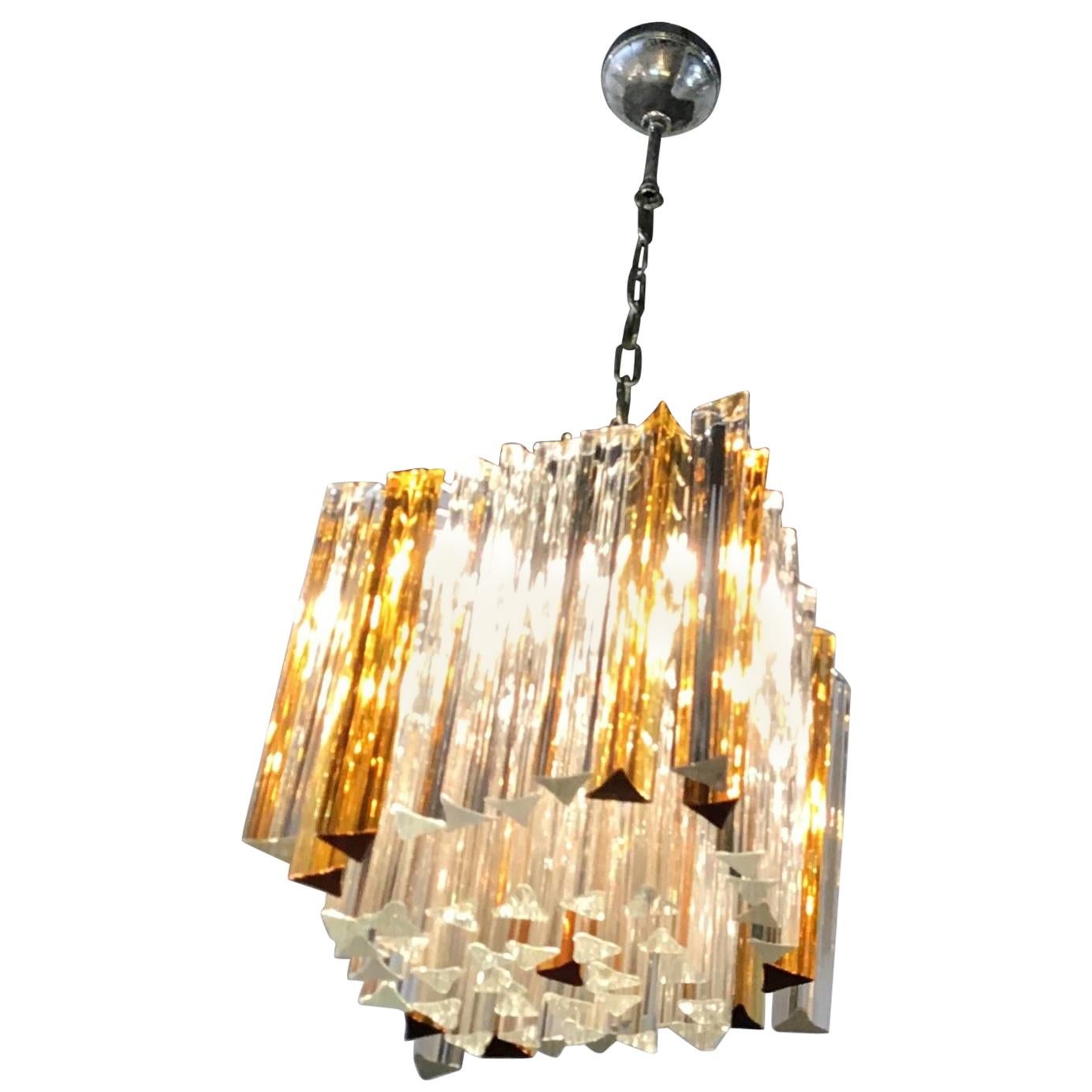 Venini Triedi White Gold Yellow Murano Glass Brass Chandelier, Italian, 1960 For Sale