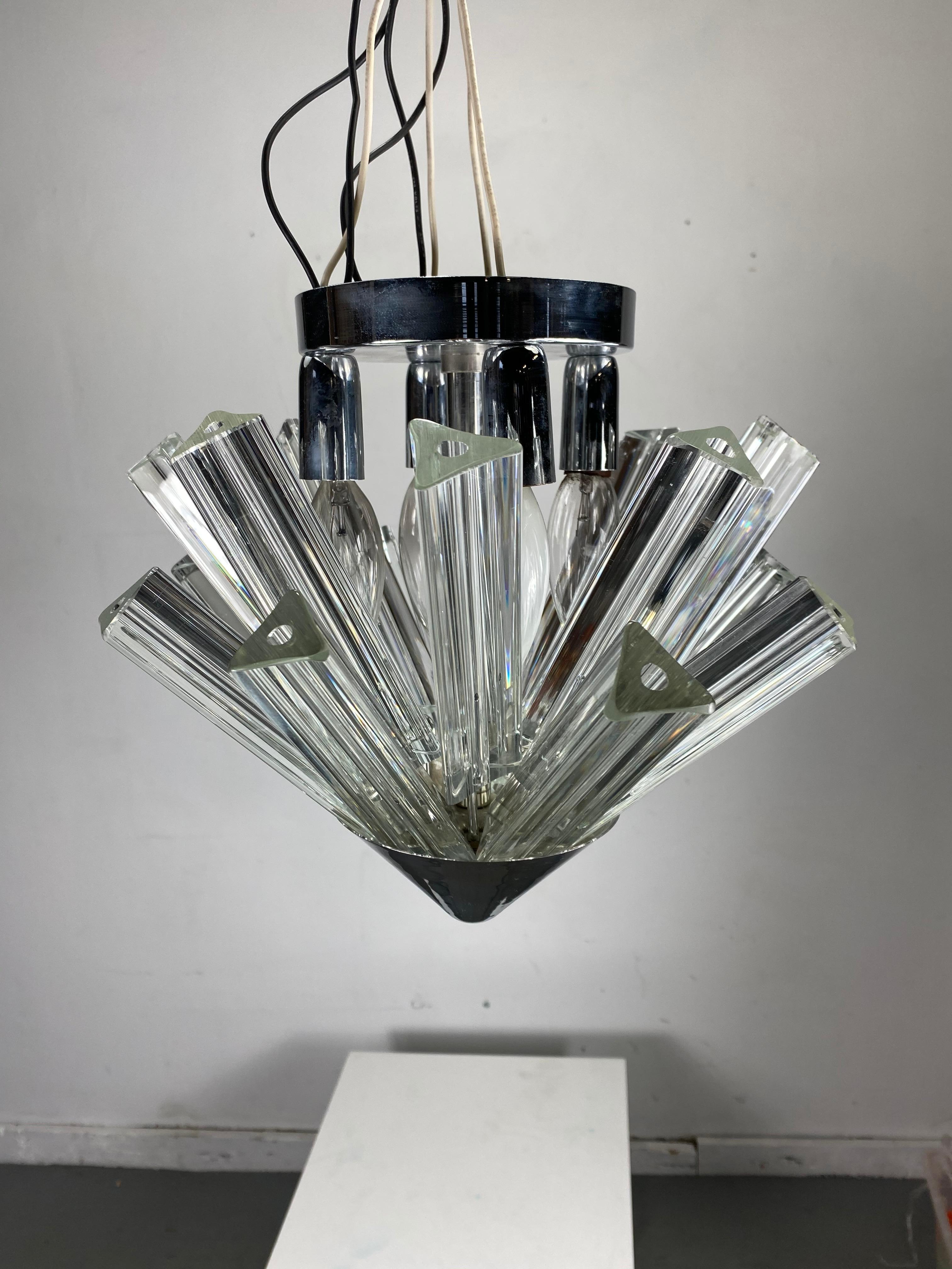 Italian modern glass prism chandelier / flushmount fixture after Venini, multiple tiers of triedri glass prisms, chrome frame, stunning design.