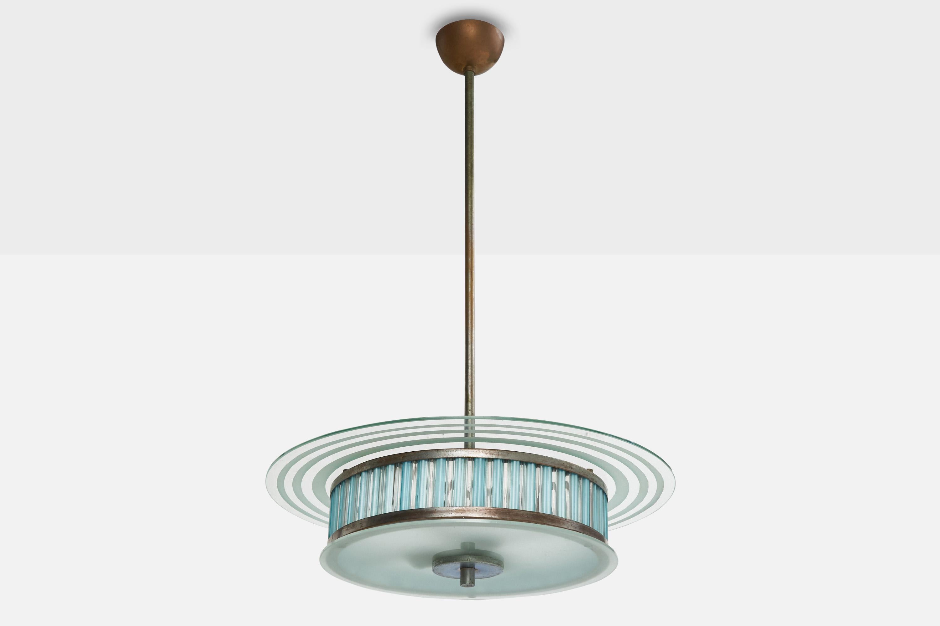 Lampada a sospensione in nichel, vetro e rame attribuita a Venini Trieste, Italia, anni '30 circa.

Dimensioni complessive (pollici): 34