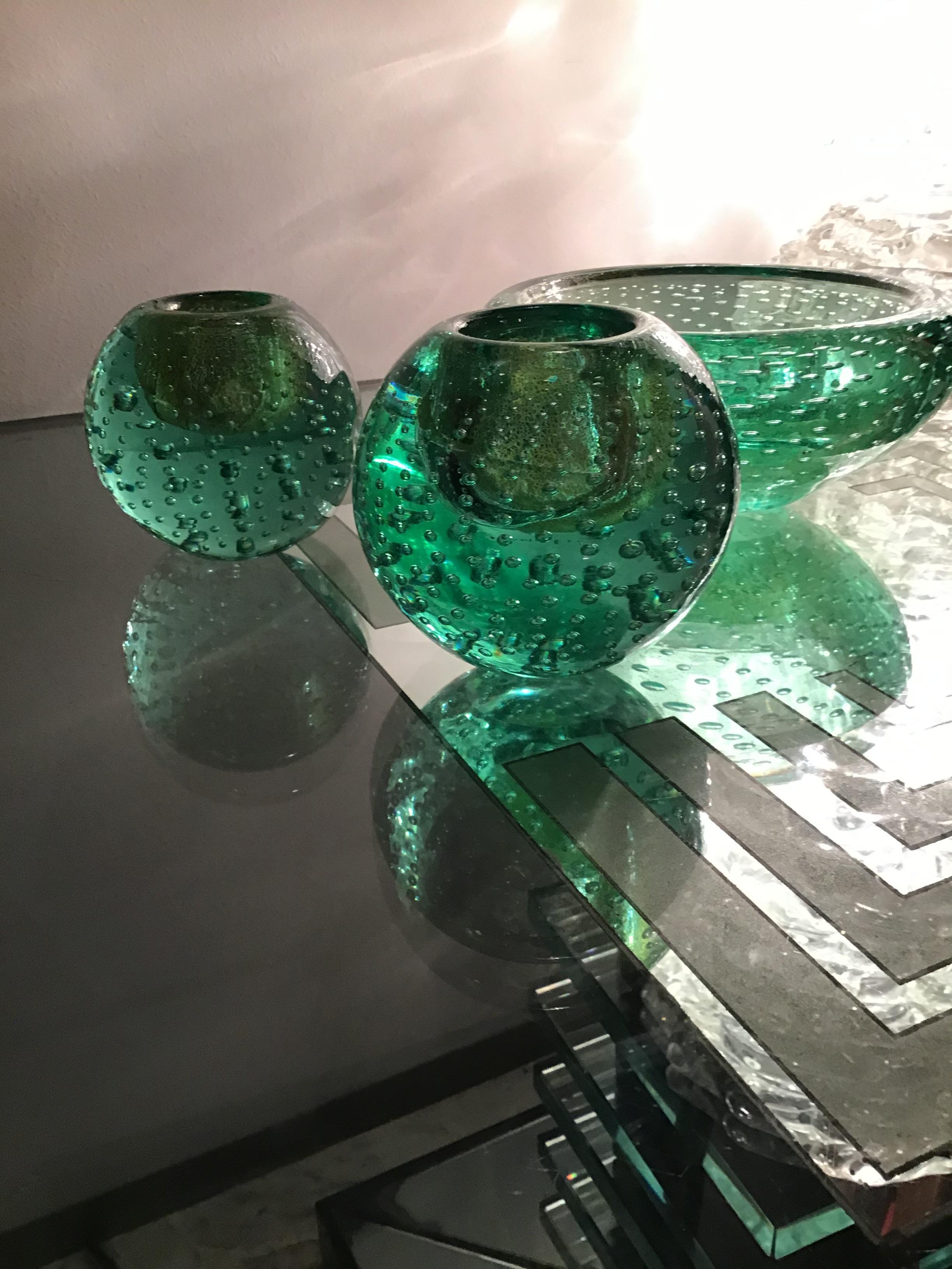 Venini Triptych Vases / Centerpiece Green Murano Glass Gold, 1950, Italy  For Sale 6