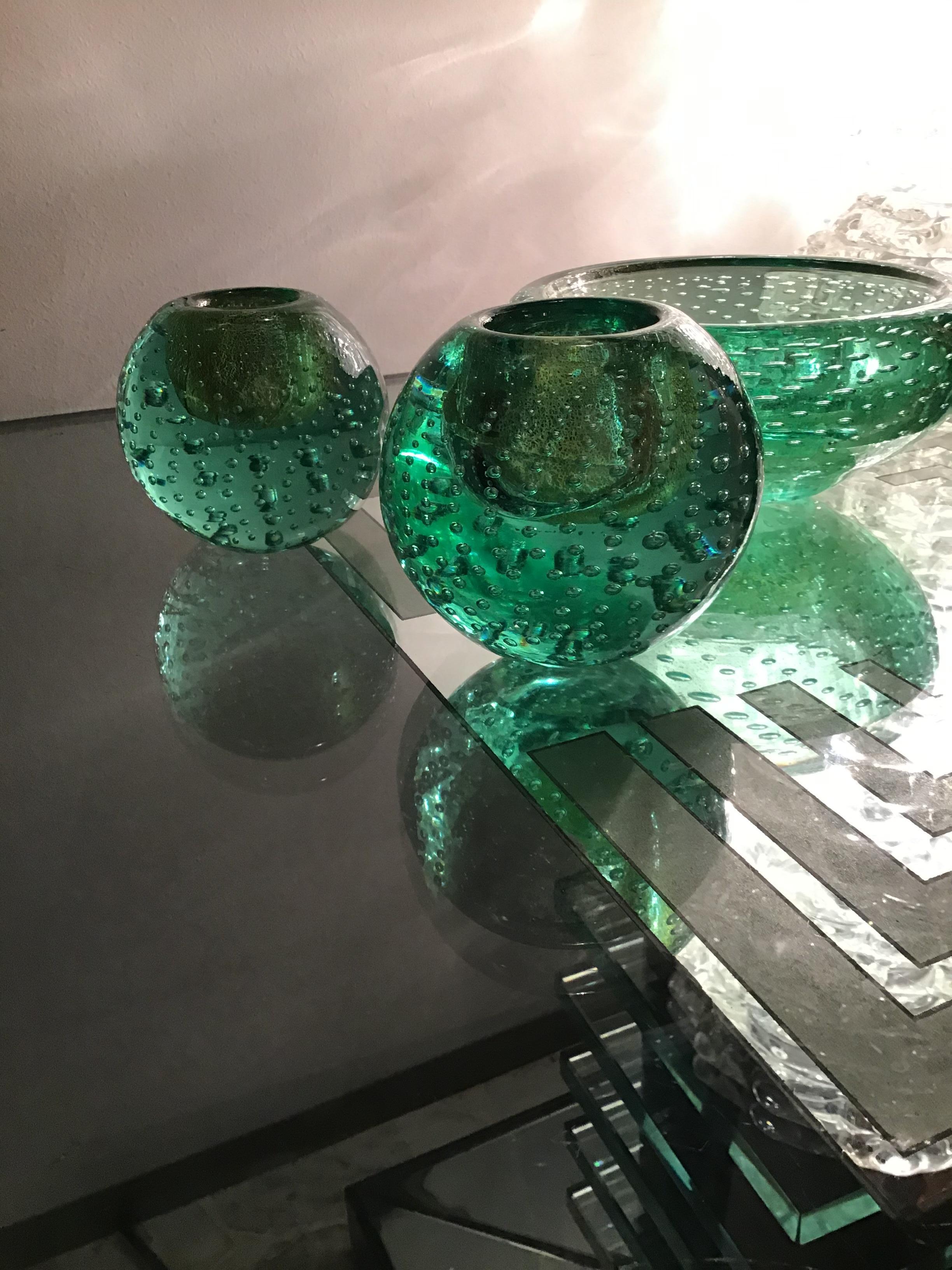 Venini Triptych Vases / Centerpiece Green Murano Glass Gold, 1950, Italy  For Sale 7