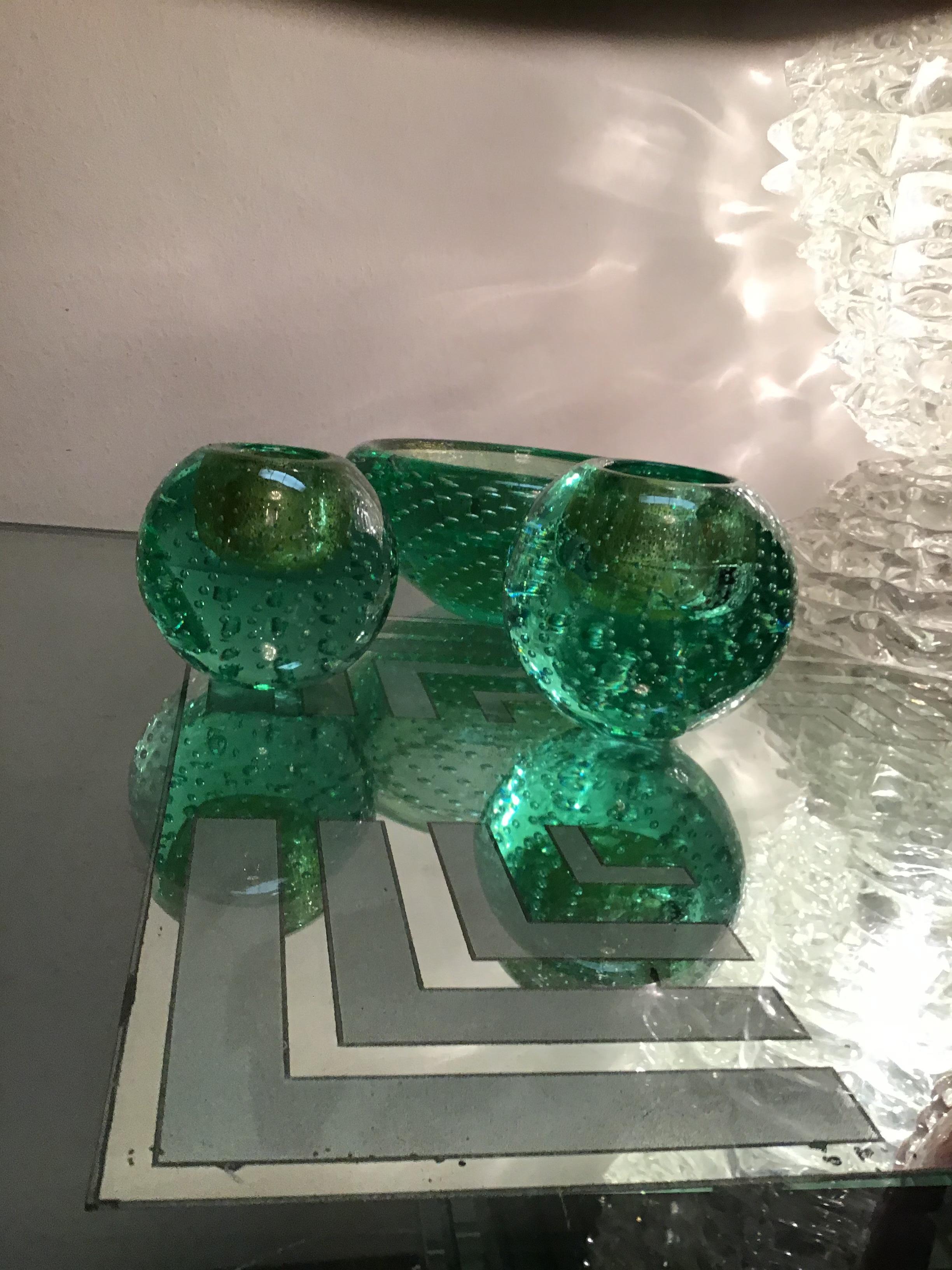 Venini Triptych Vases / Centerpiece Green Murano Glass Gold, 1950, Italy  For Sale 1
