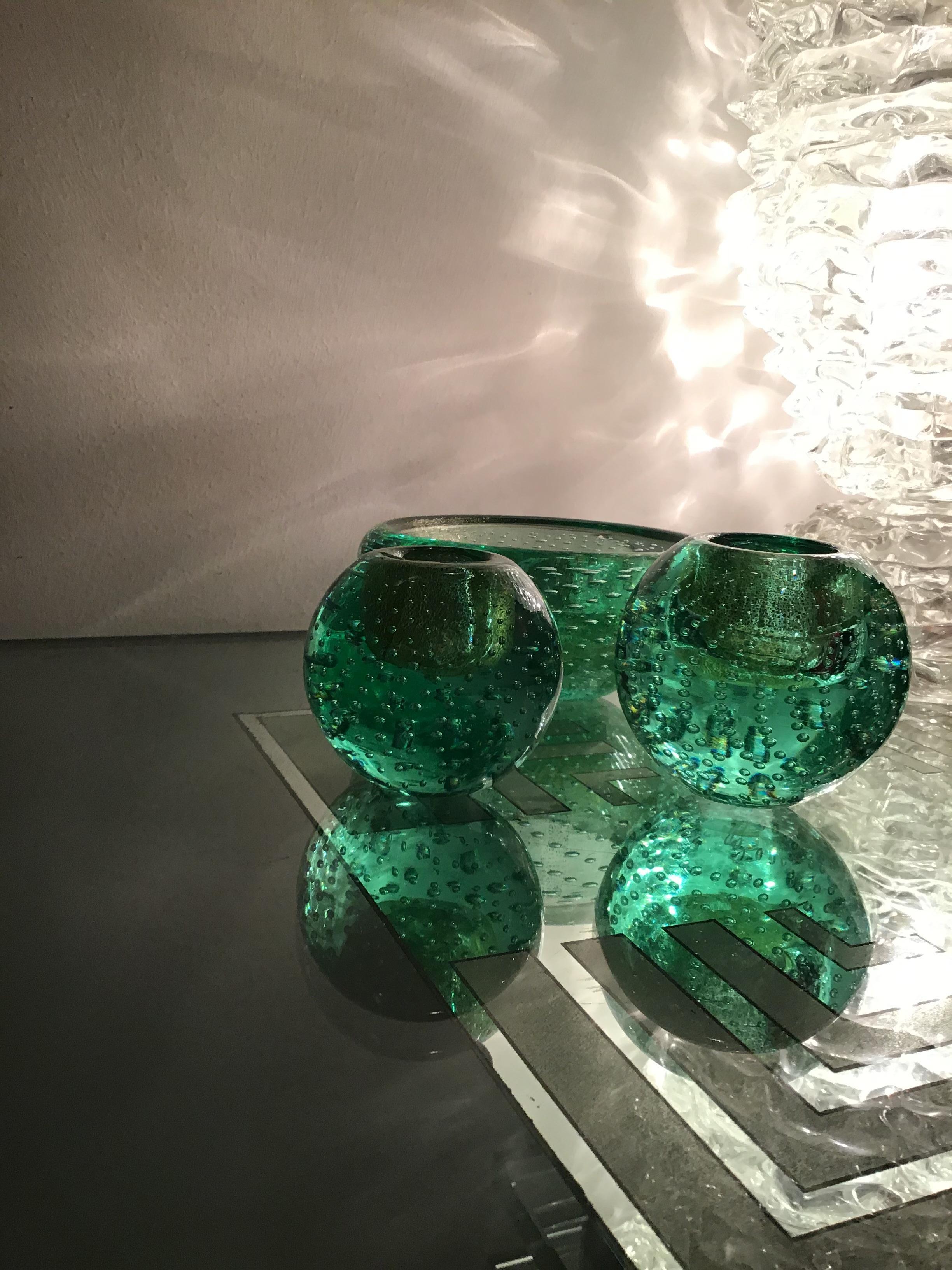 Venini Triptych Vases / Centerpiece Green Murano Glass Gold, 1950, Italy  For Sale 3