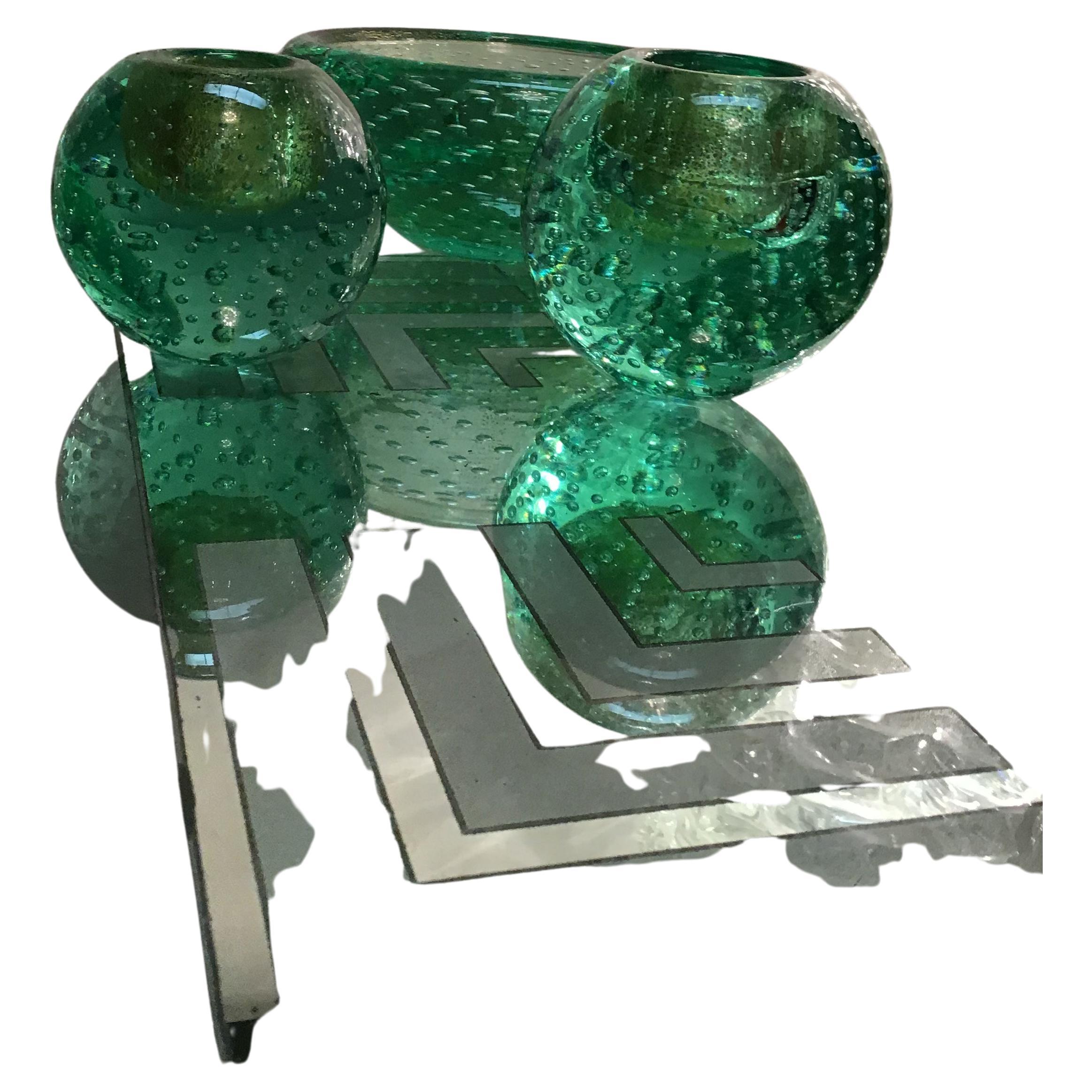 Triptyque vases / centre de table Venini en verre de Murano vert et or, 1950, Italie 