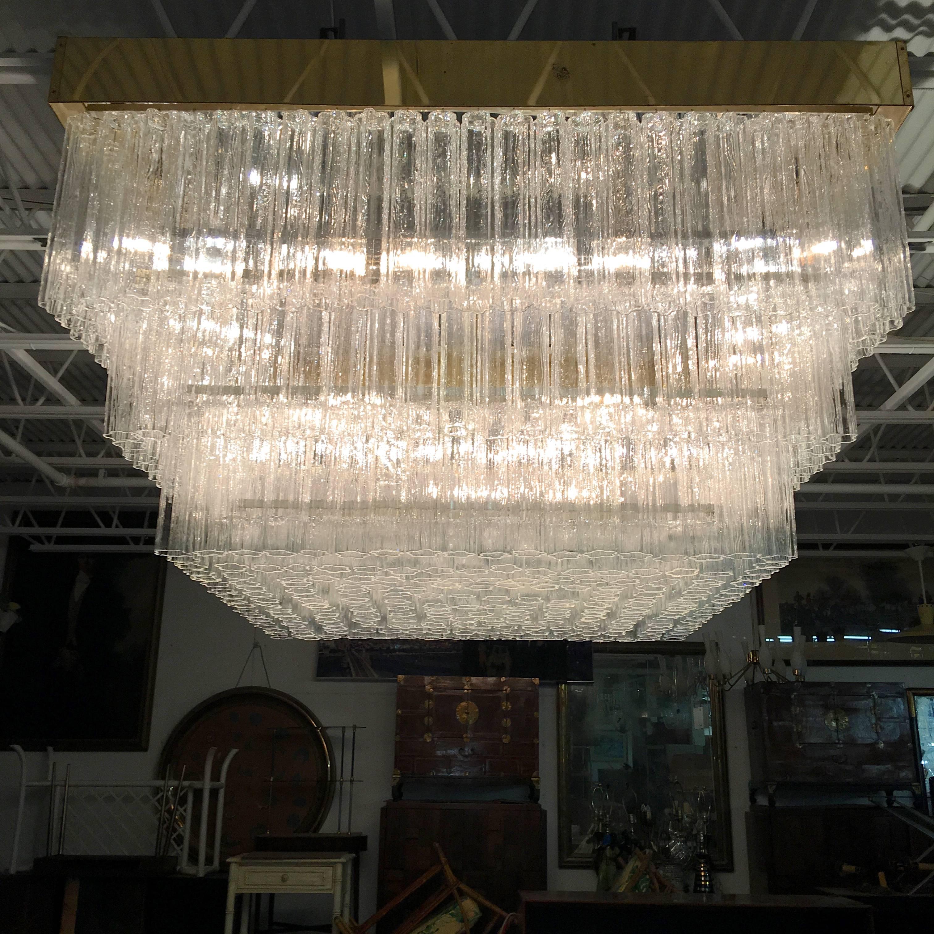 Mid-Century Modern Venini Tronchi Square Three-Tier Flush Mount Chandelier