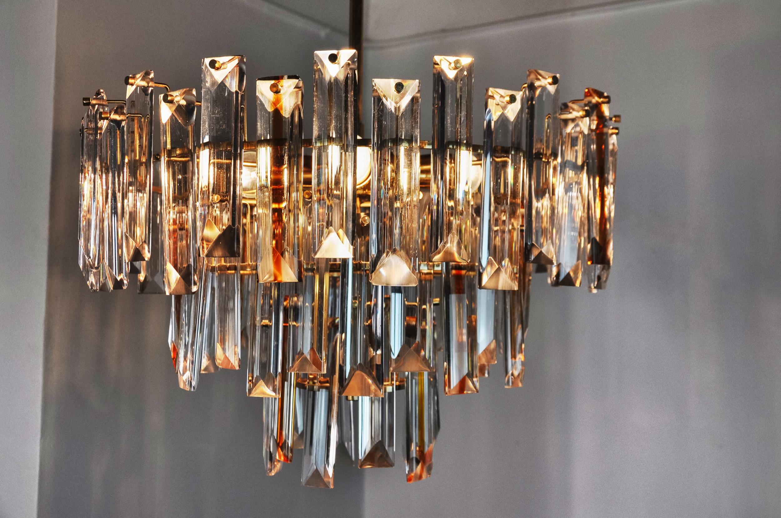 Crystal Venini Two-Tone Chandelier, 3 Levels, Murano Glass, Italy, 1970 For Sale