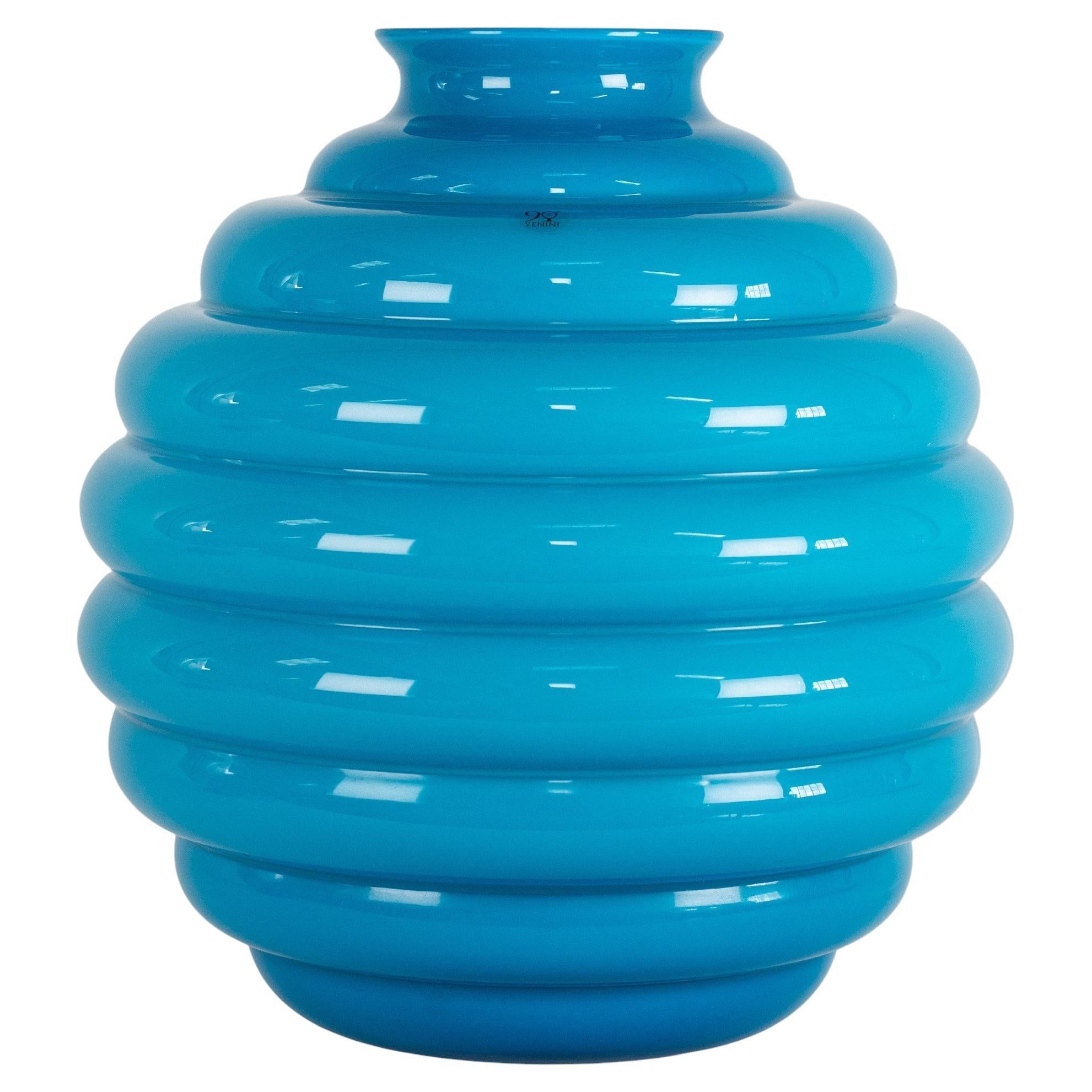 Venini vaso Deco di Martinuzzi in vetro di Murano color acquamarina firmato 2012 Made in Italy