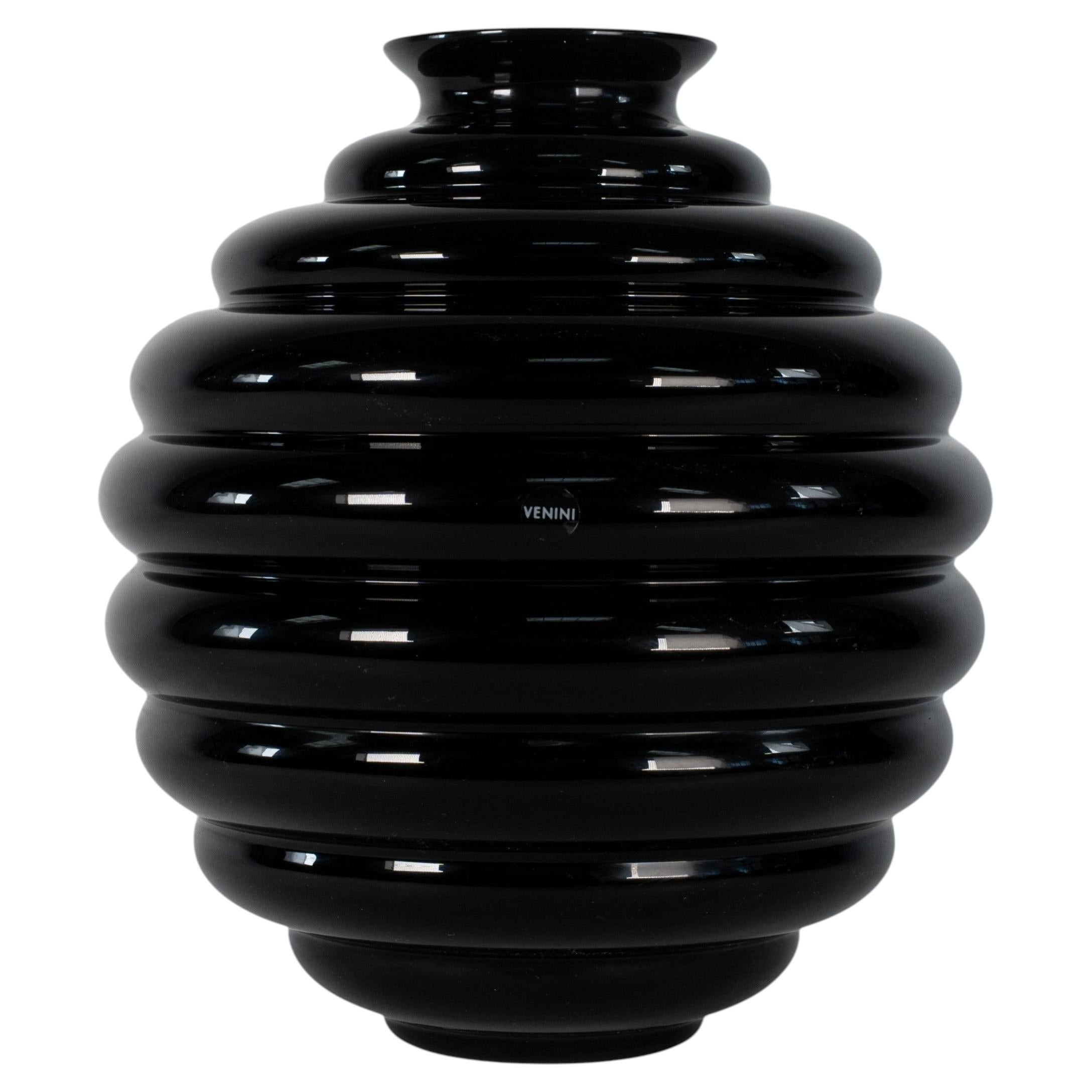 VENINI vase Deco by Martinuzzi Black Murano Glass, Signed 2002, Made in Italy