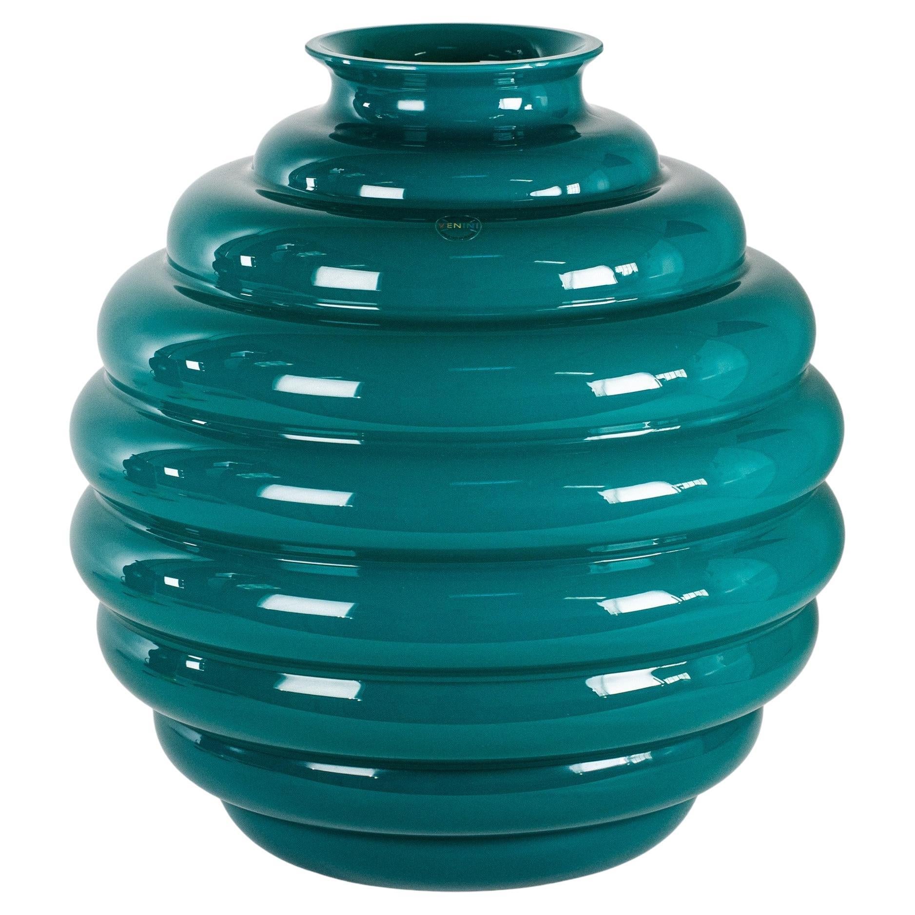 VENINI Vase Deco von Martinuzzi Türkis Murano Glas Signiert 2014, Made in Italy