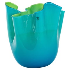 VENINI vase Fazzoletto Aquamarine & Green Murano Glass 90th, Signed 2011