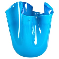 VENINI jarrón Fazzoletto Aguamarina Cristal de Murano, Firmado 2004, hecho a mano en Italia