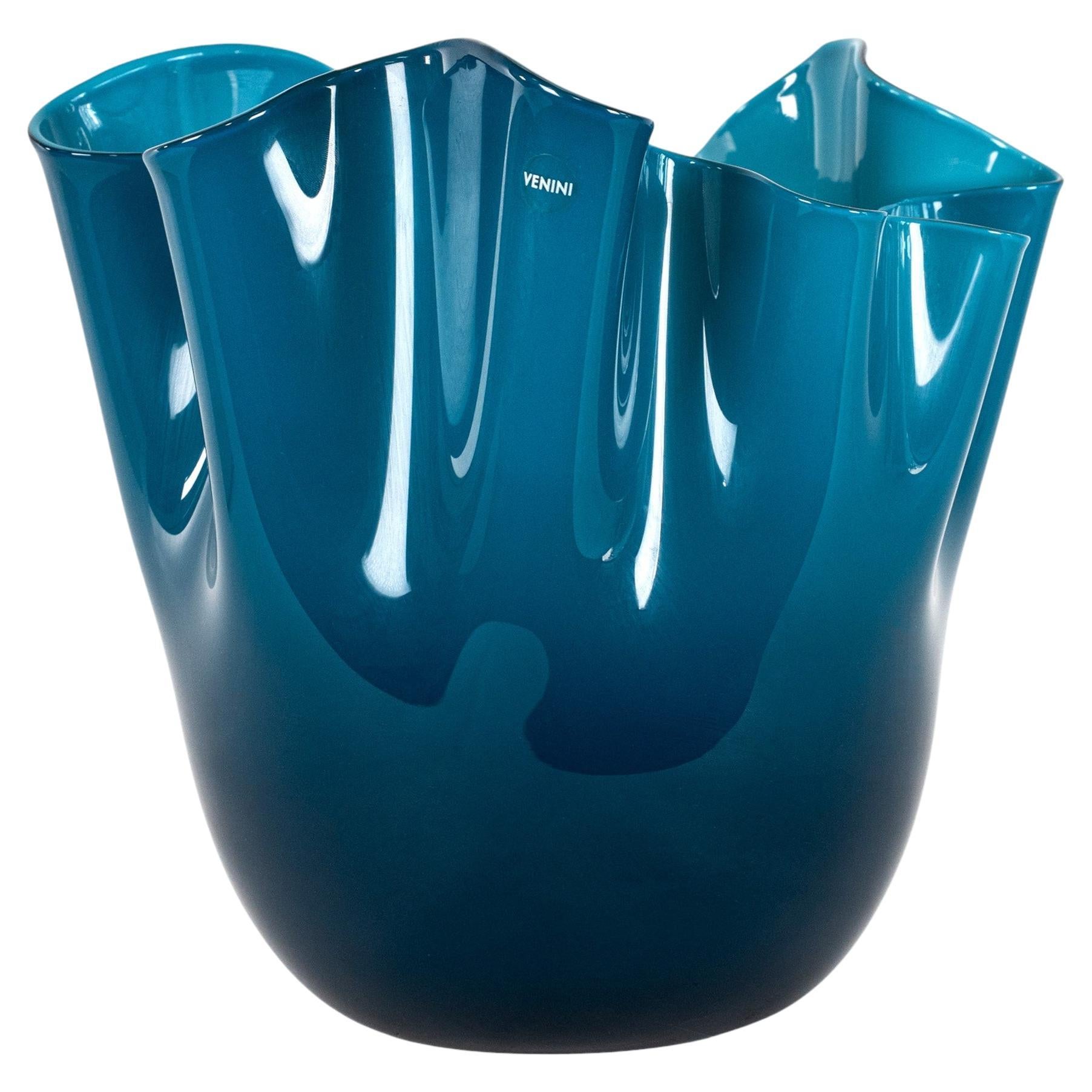 VENINI vase Fazzoletto Blue Horizon Murano Glass, Signed 2012, Made in Italy