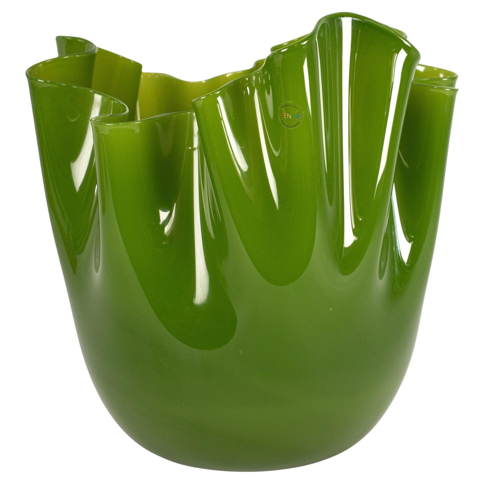 Venini vaso Fazzoletto Green Murano Glass, firmato 2014, fatto a mano in Italia