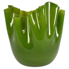 VENINI vase Fazzoletto Green Murano Glass, Signed 2014, handmade in Italy