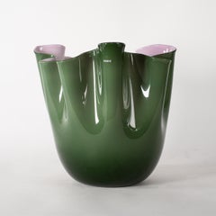 VENINI vase Fazzoletto Opalino Green & Pink Murano Glass, Signed 2012