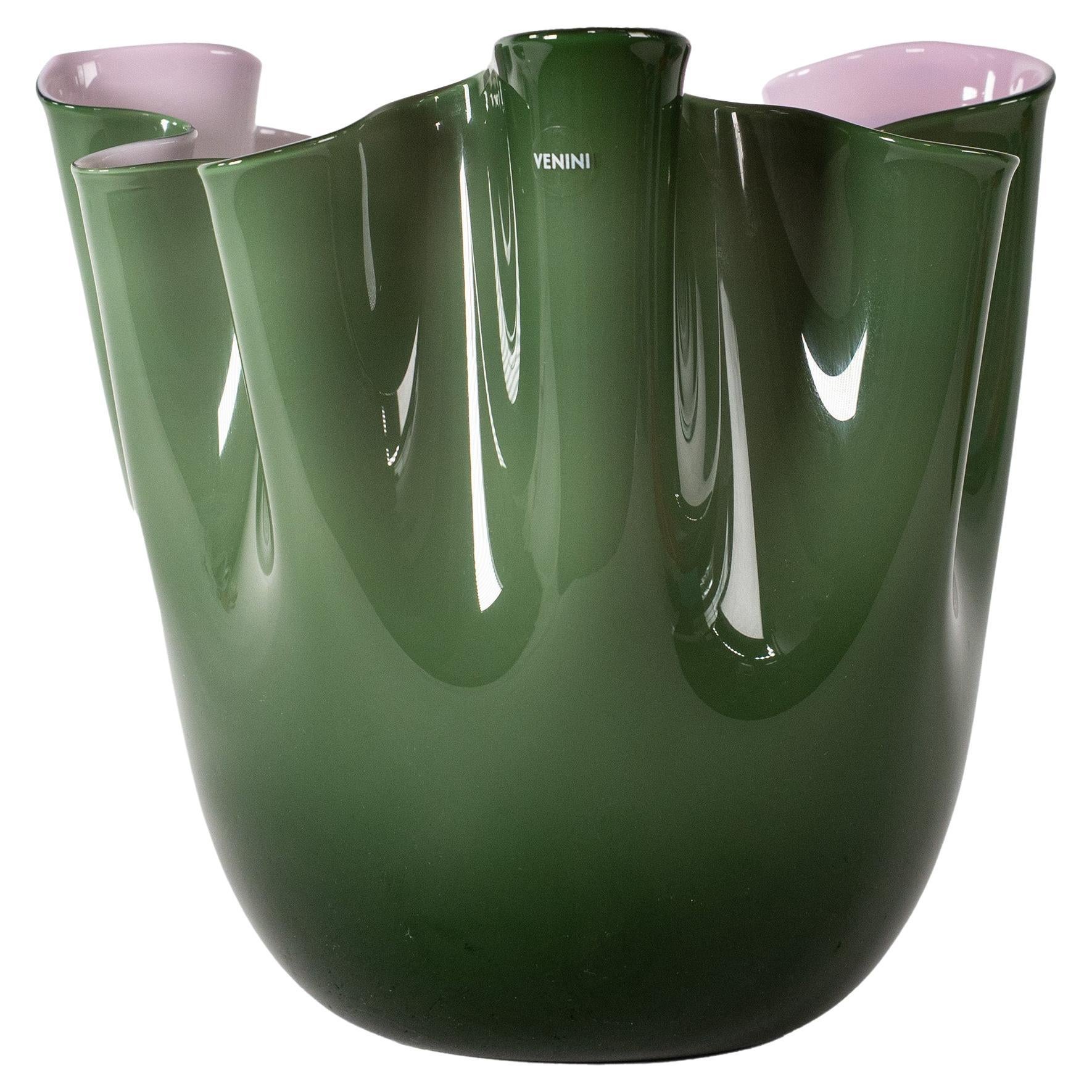 VENINI vase Fazzoletto Opalino Green and Pink Murano Glass, Signed