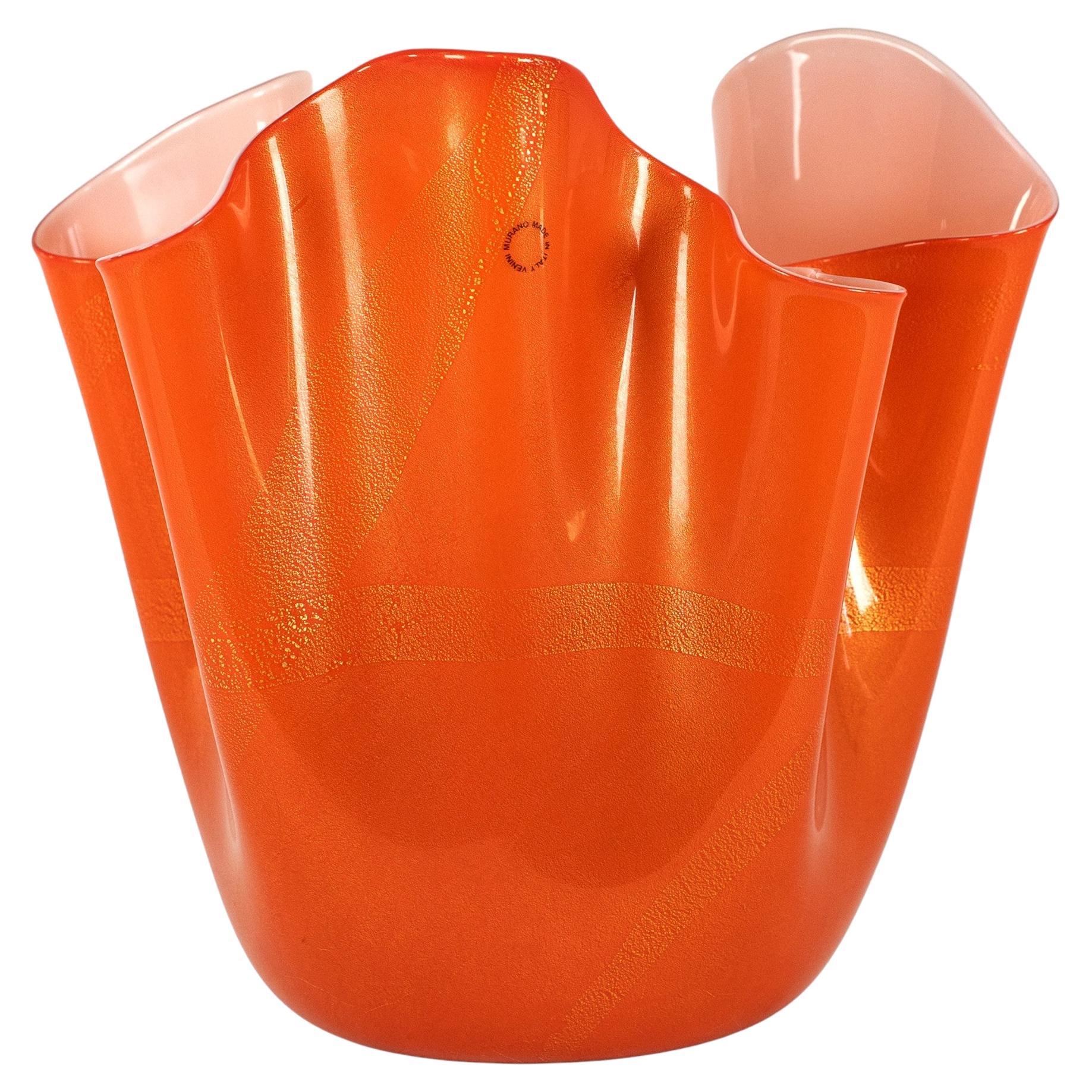 VENINI jarrón Fazzoletto Naranja/Leche con detalles dorados, Vidrio de Murano, Firmado 2000 en venta