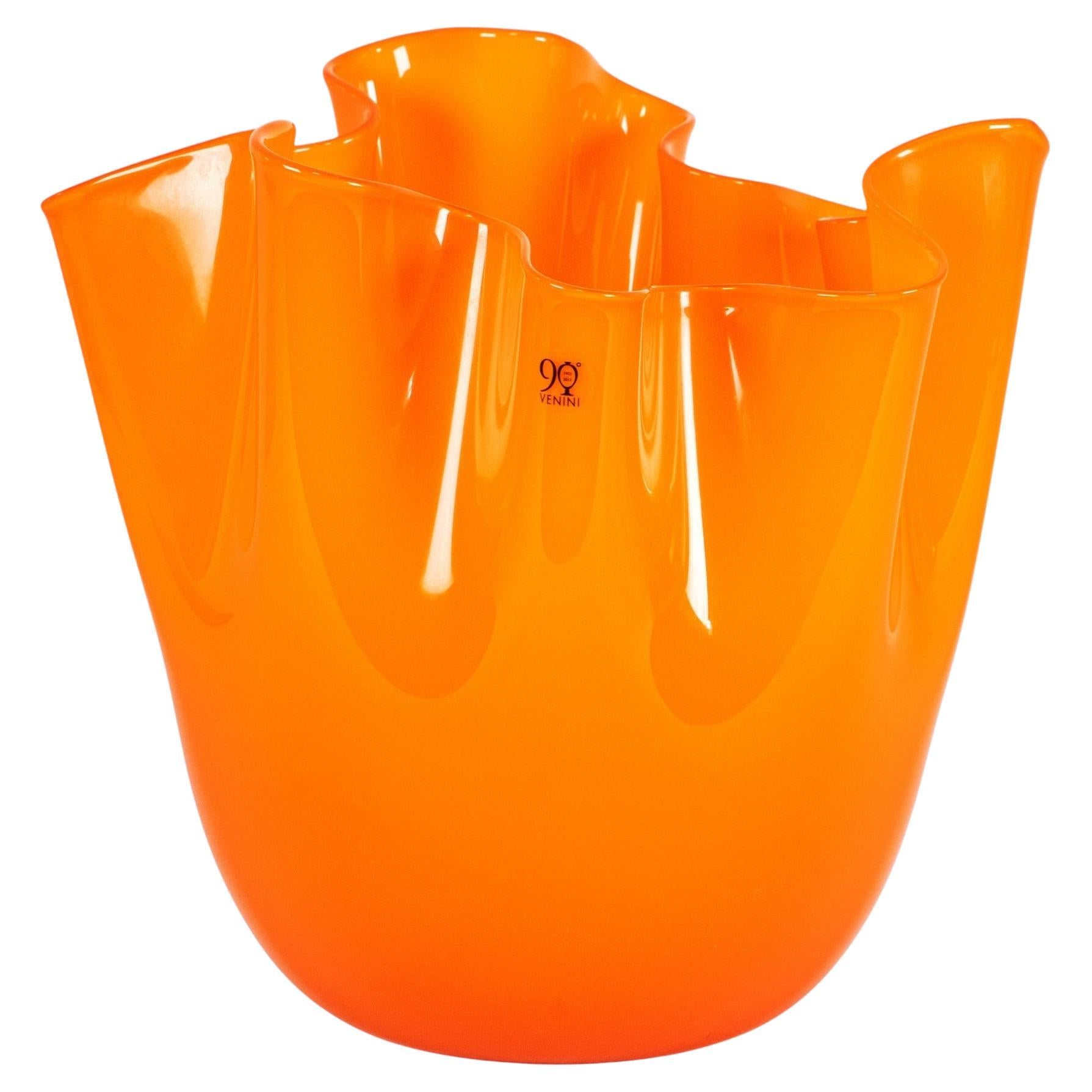 VENINI Vase Fazzoletto Orange Murano Glas, 90. Jahrestag, Signiert 2012