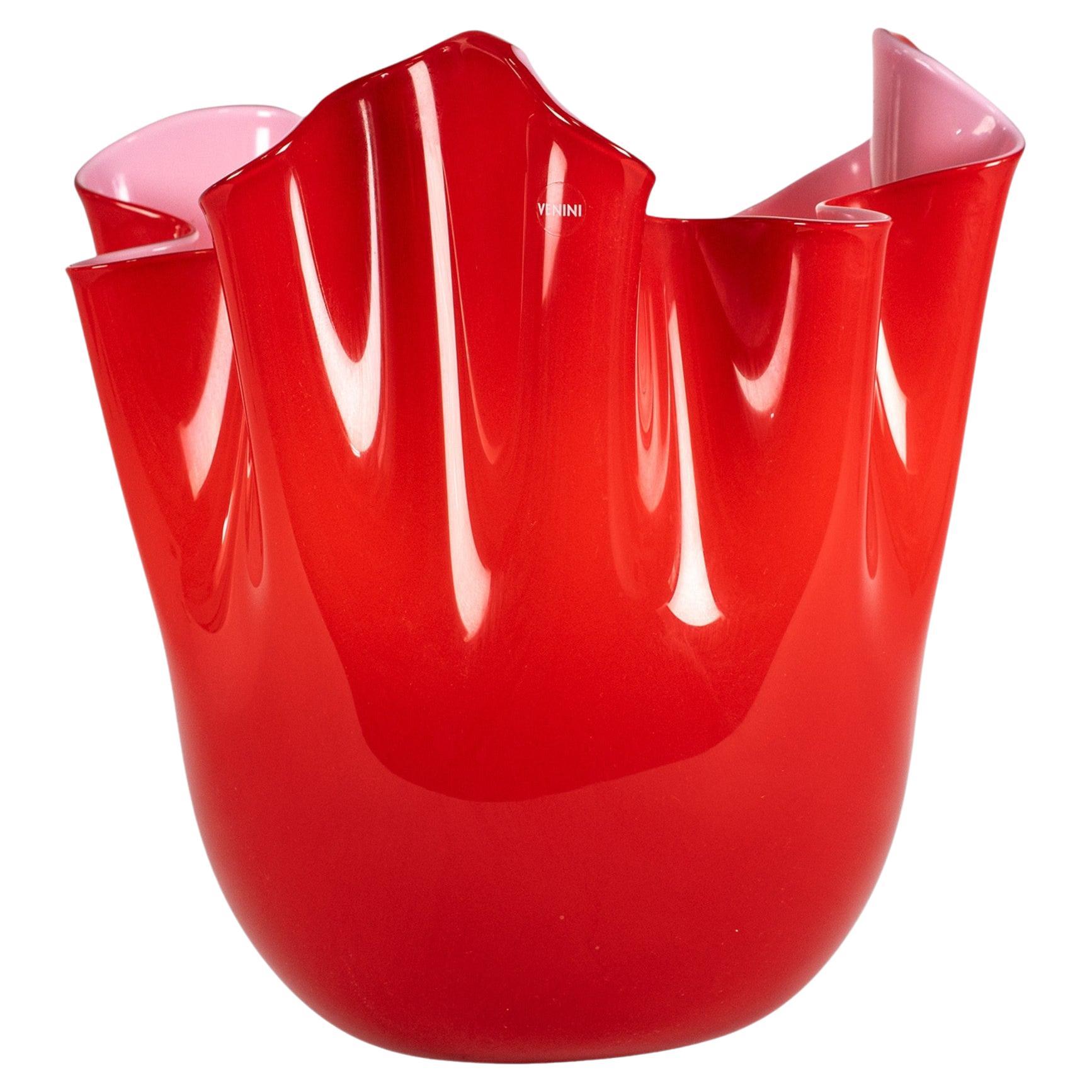 VENINI jarrón Fazzoletto Rojo y Rosa de cristal de Murano, Firmado 2010, hecho a mano en Italia