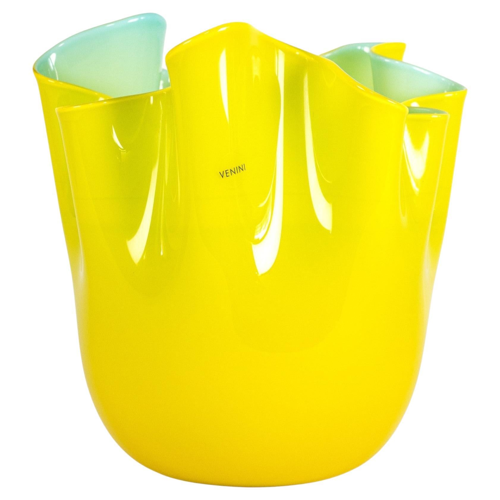 Venini vaso Fazzoletto Giallo e Acquamarina in vetro di Murano, firmato 2008