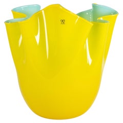 VENINI vase Fazzoletto Yellow & Blue Murano Glass, Signed 2012 90° Anniversary