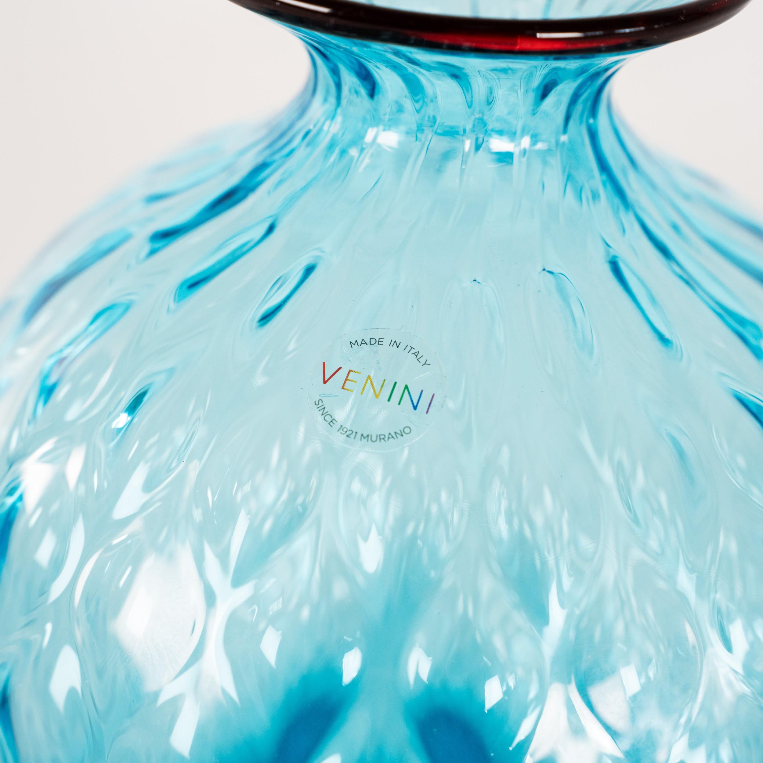 Mid-Century moderno Venini vaso Monofiore Acquamarina e Rosso Murano, 2014, Made in Italy in vendita