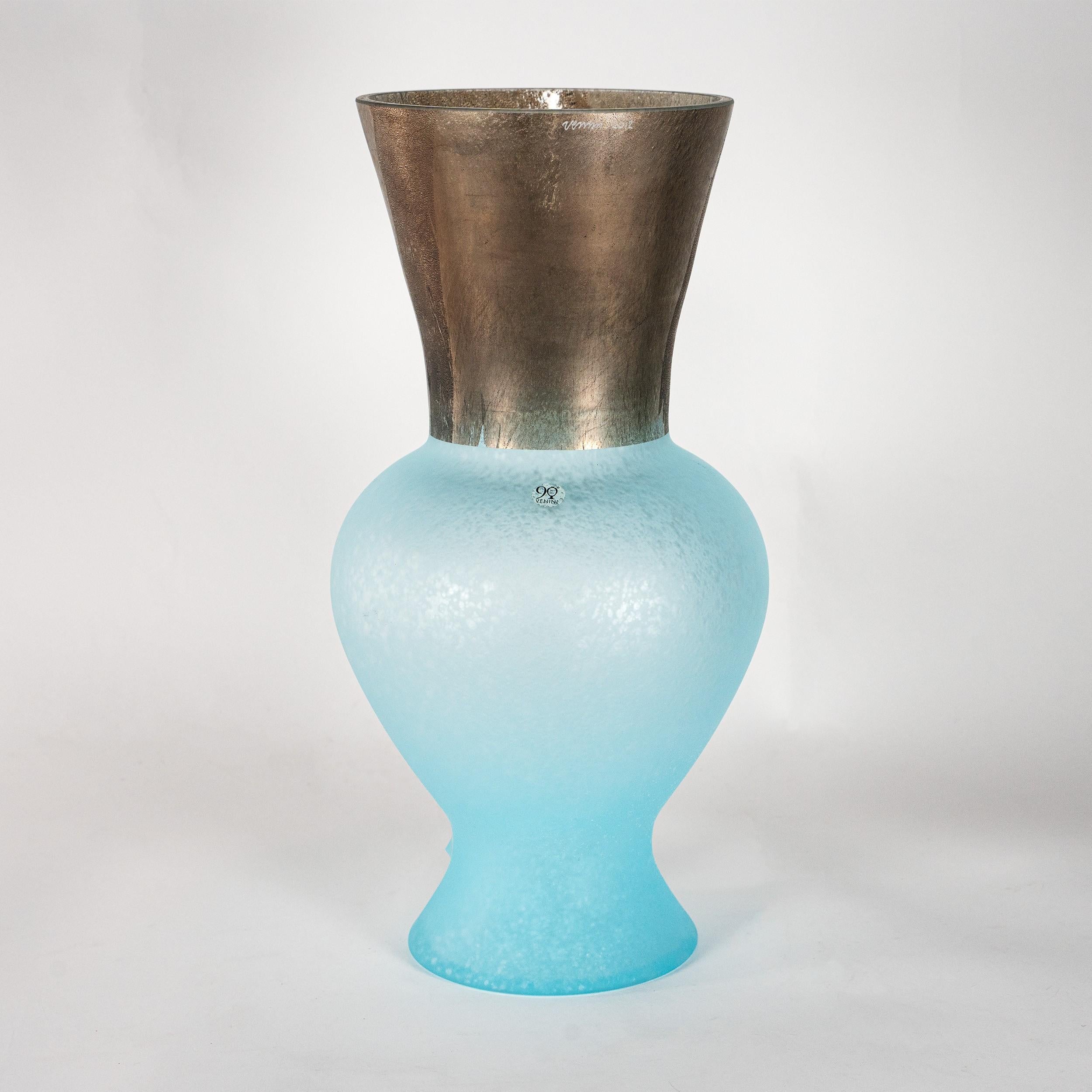 Blown Glass VENINI vase Re Aquamarine bubble and Bronze Murano Glass, 90° Anniversary For Sale