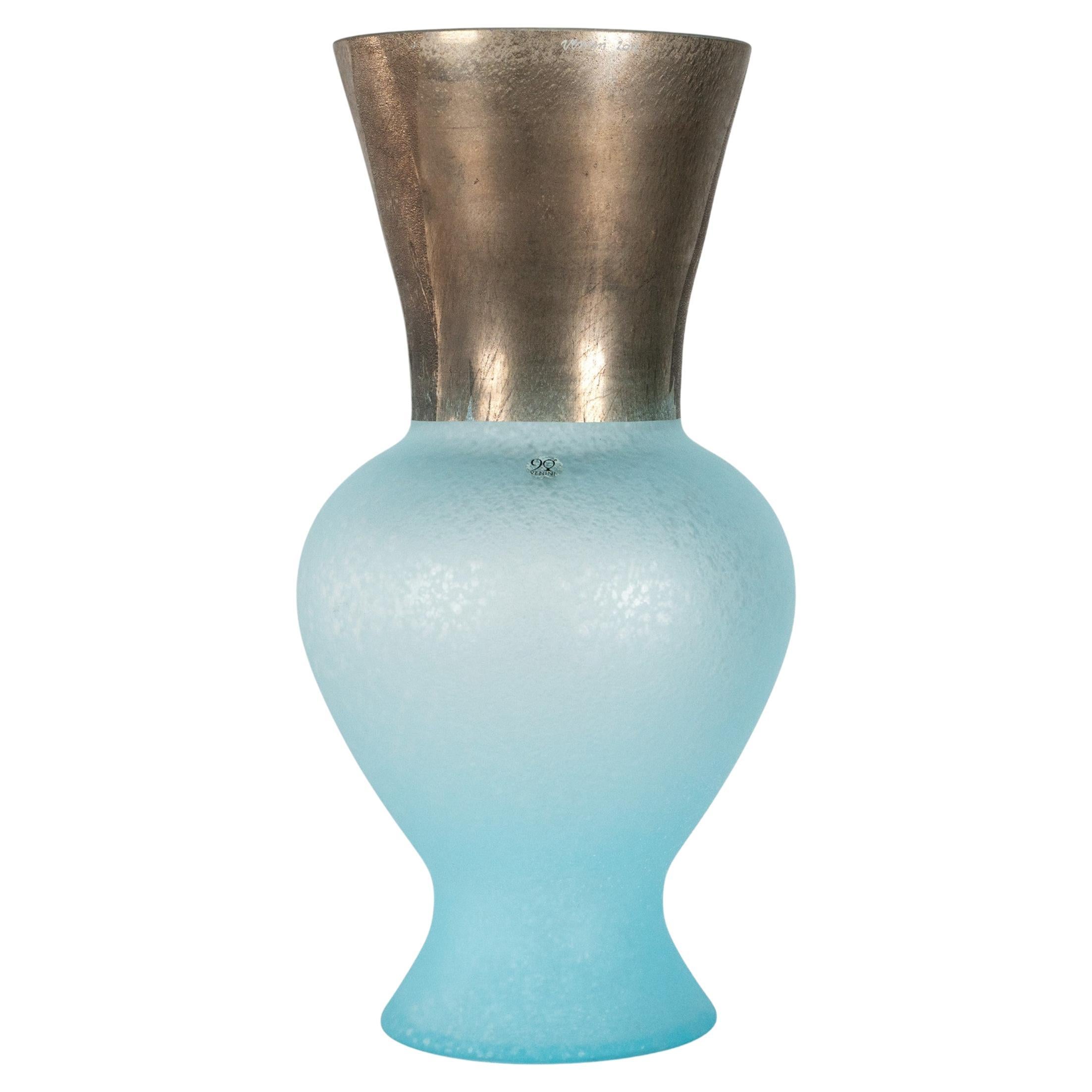 VENINI vase Re Aquamarine bubble and Bronze Murano Glass, 90° Anniversary For Sale
