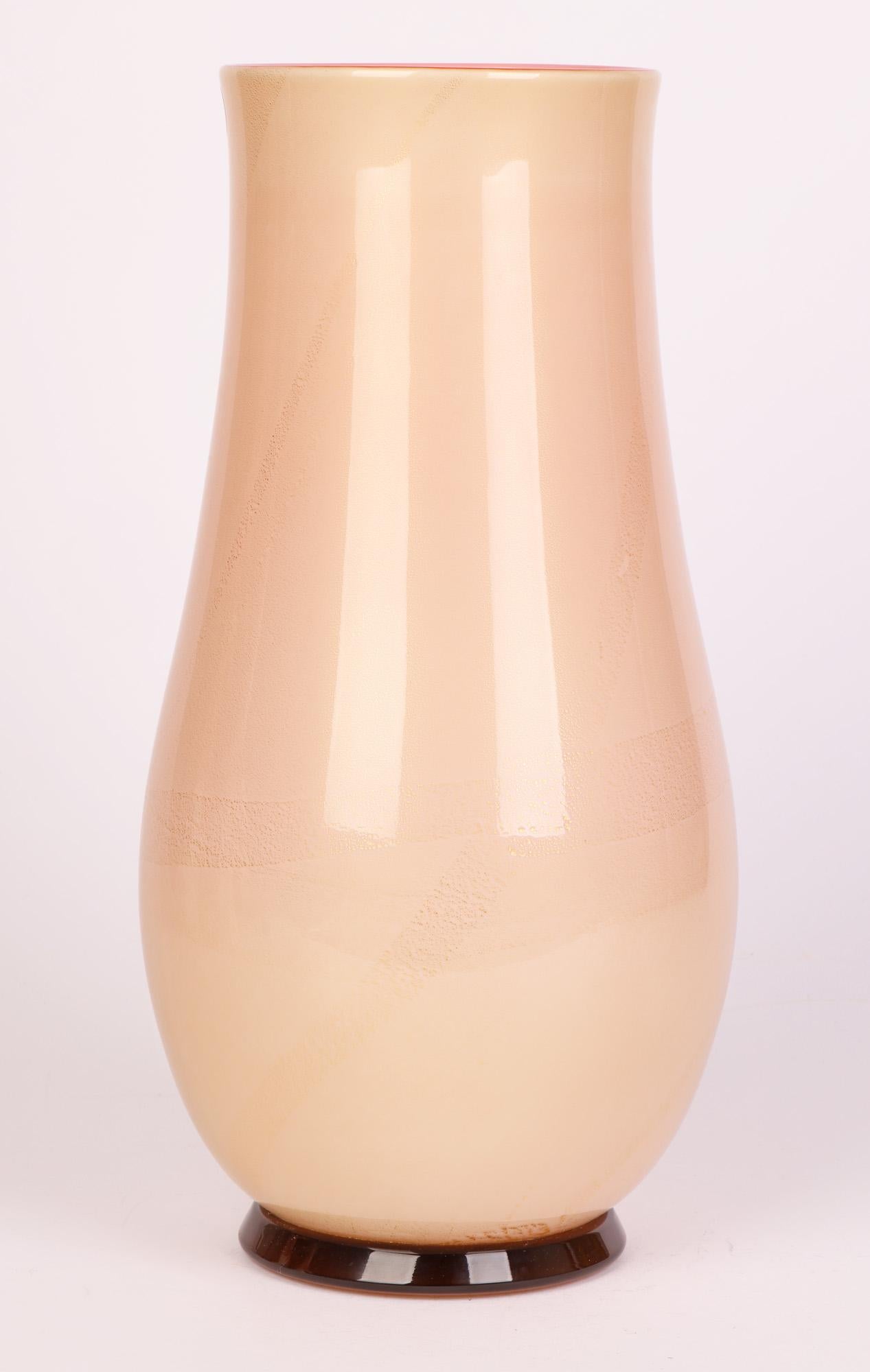 Venini Venetian Large Tall Peach & Aventurine Art Glass Vase For Sale 4