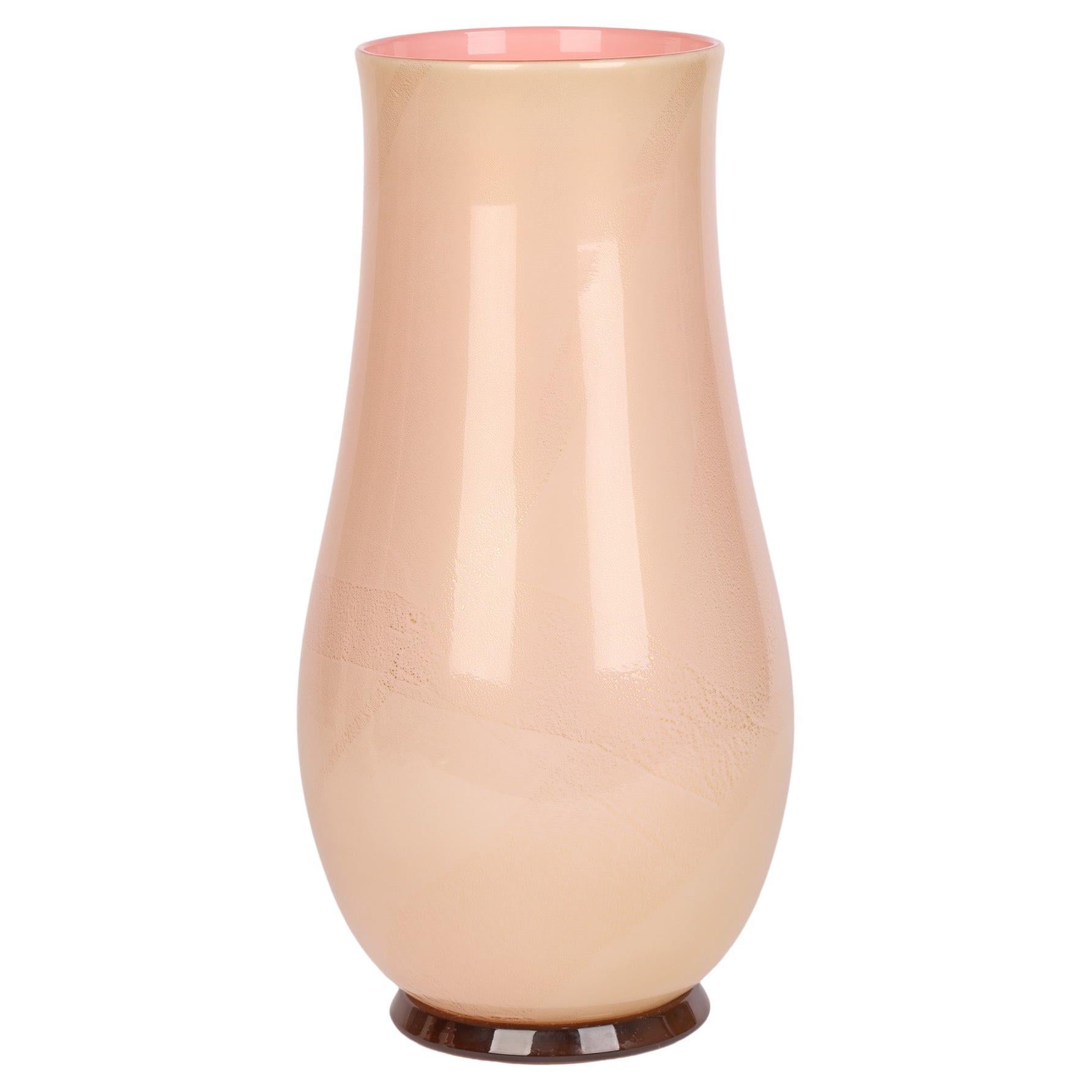 Venini Venetian Large Tall Peach & Aventurine Art Glass Vase