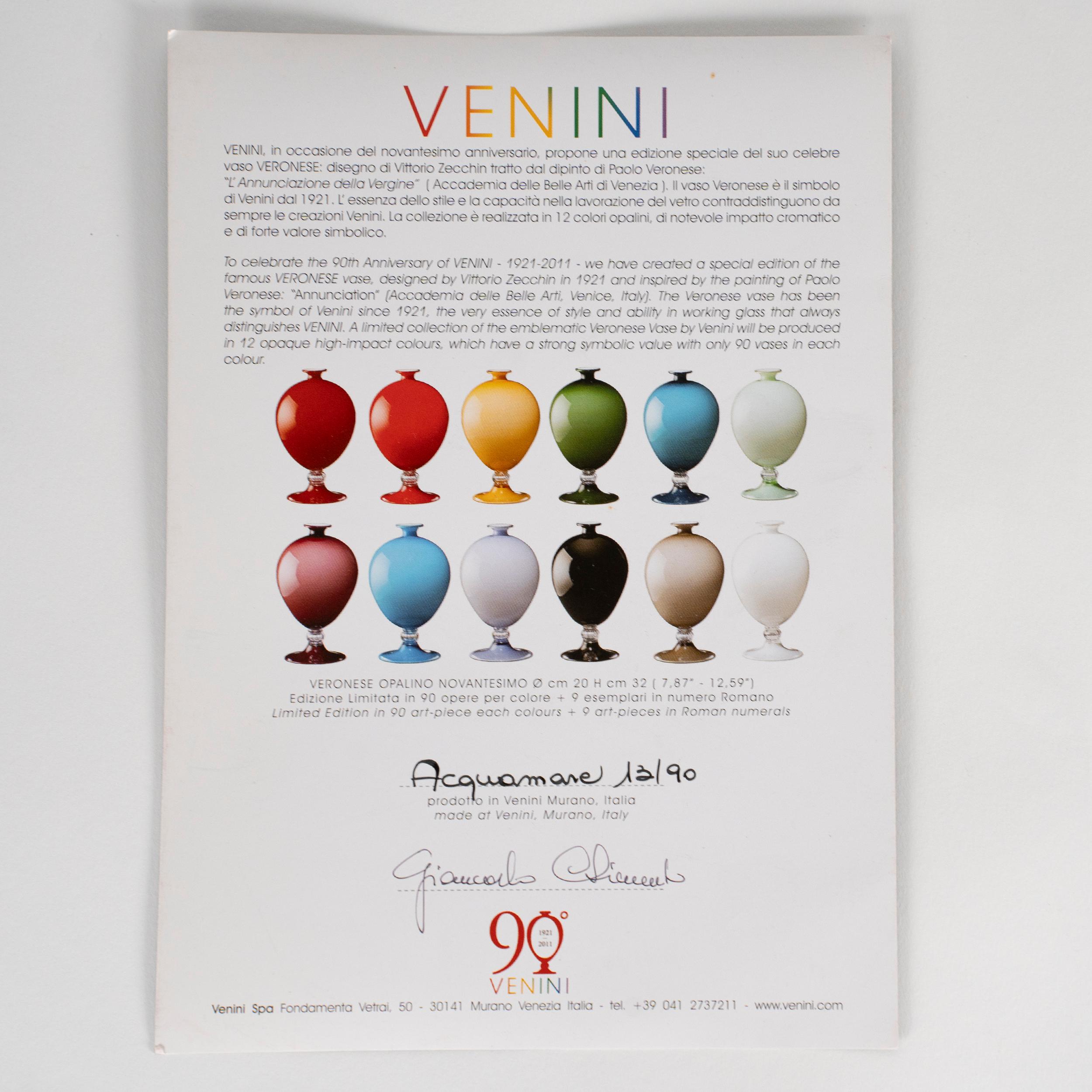 Vetro soffiato Venini Veronese 90° Anniversario Acquamarina e Vetro Bianco pezzi 13/90 anno 2011 in vendita