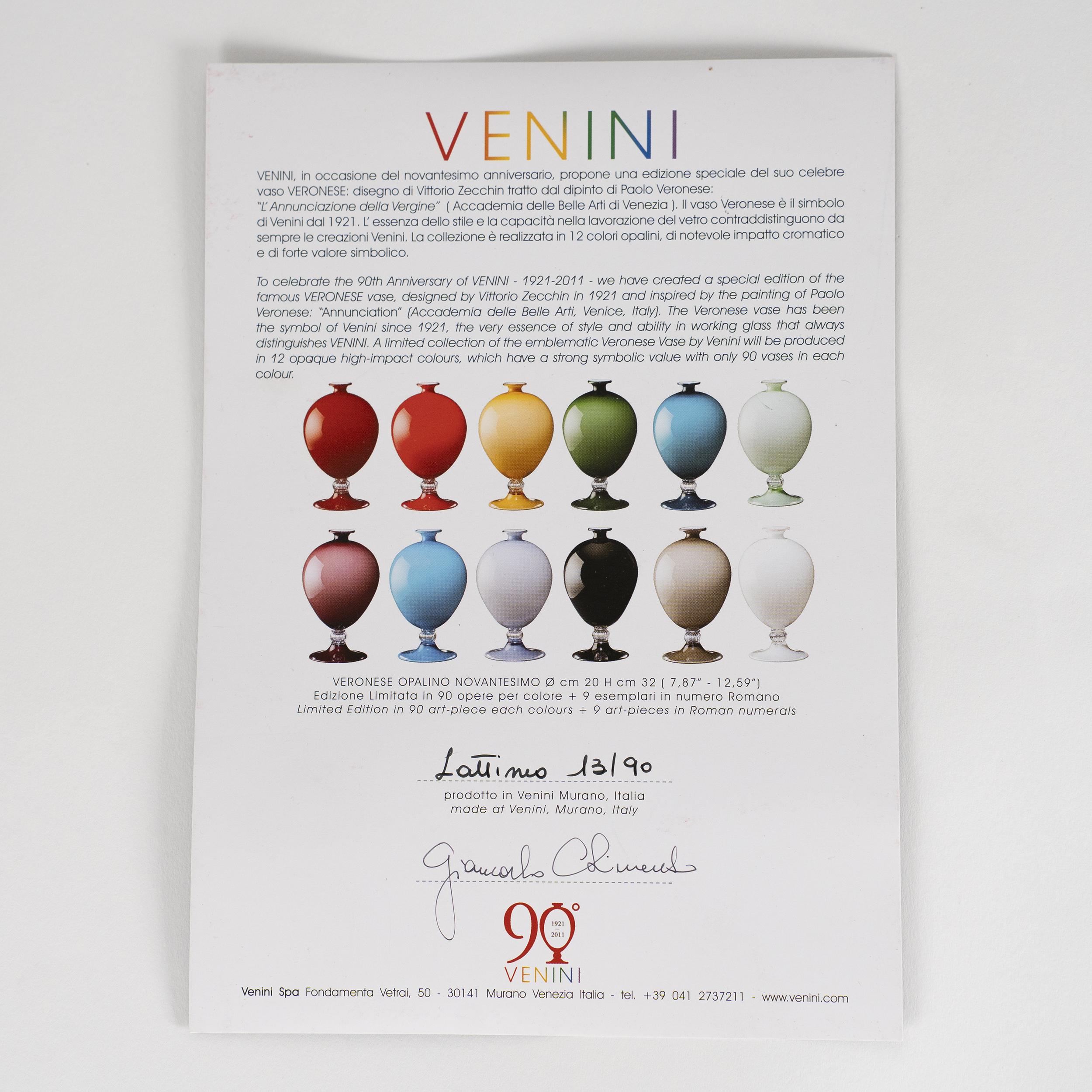 Verre brun VENINI Veronese 90th Anniversary Verre blanc Edition limitée 13/90 année 2011 en vente