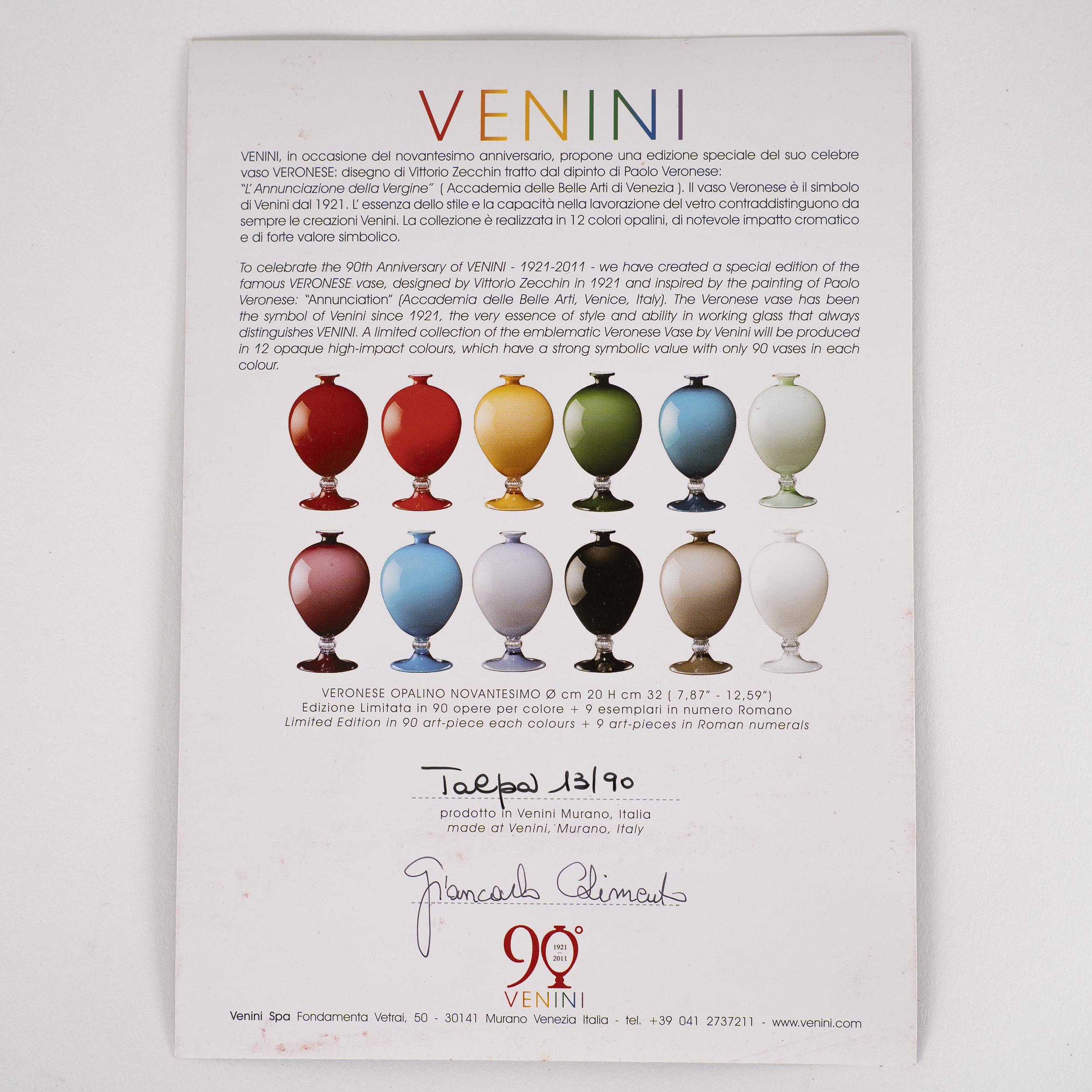 Fin du 20e siècle VENINI Vase Véronèse 90ème Anniversaire Verre Gris Edition Limitée 13/90 année 2011 en vente