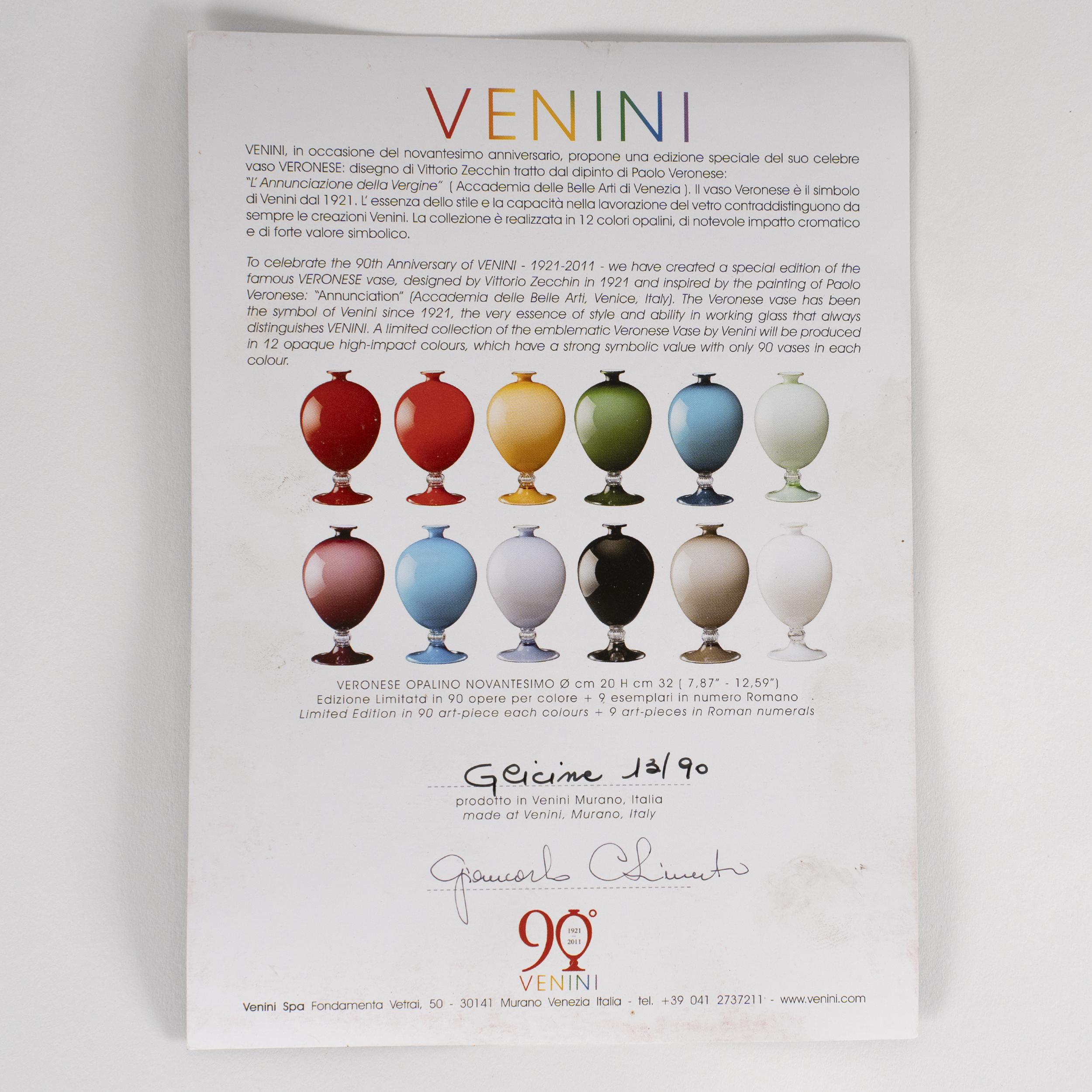 VENINI Vaso Veronese 90° Anniversario Glicine e Vetro Bianco pz 13/90 anno 2011 in vendita 1