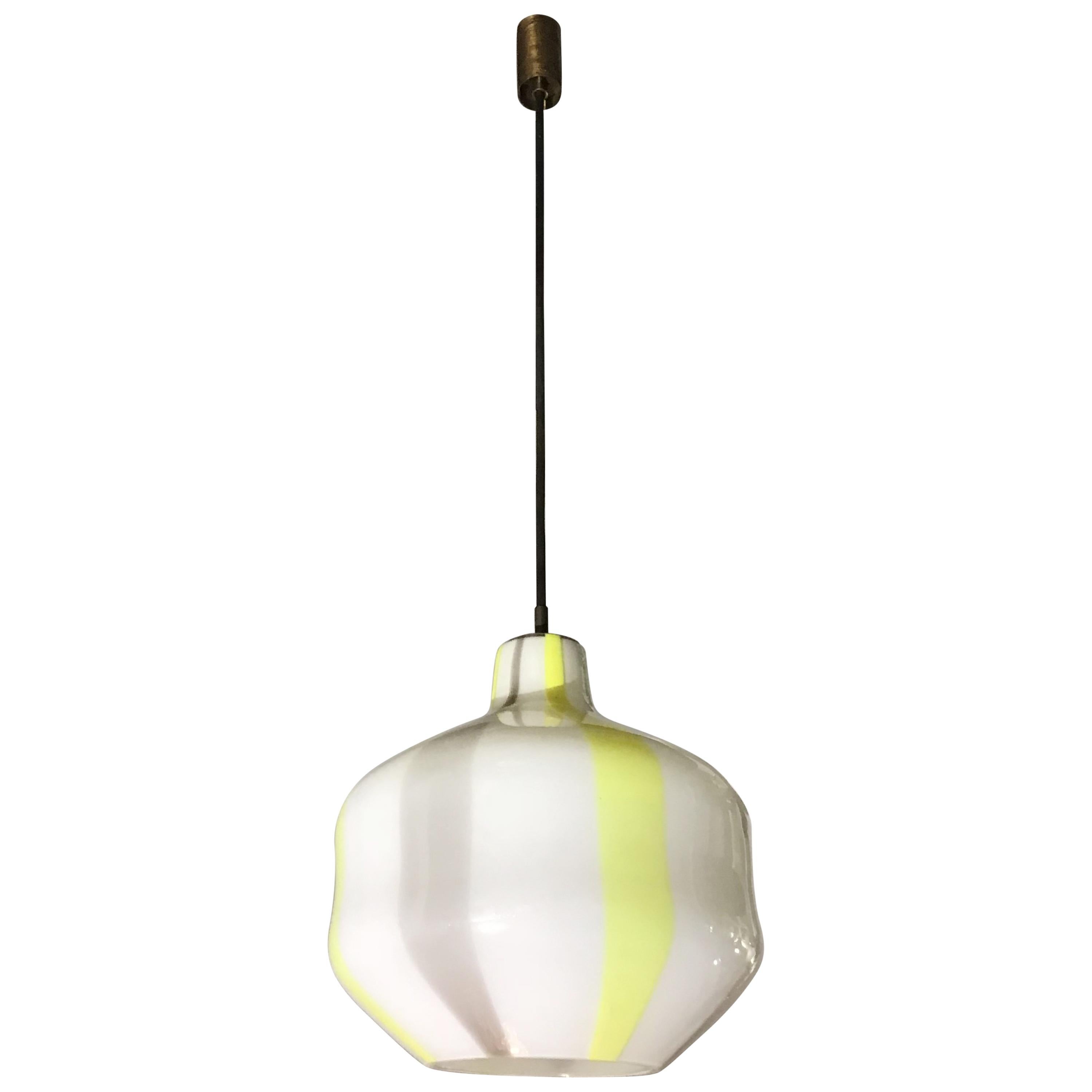 Venini Vignelli Chandelier Murano Yellow White Gray Glass Brass, 1950 For Sale