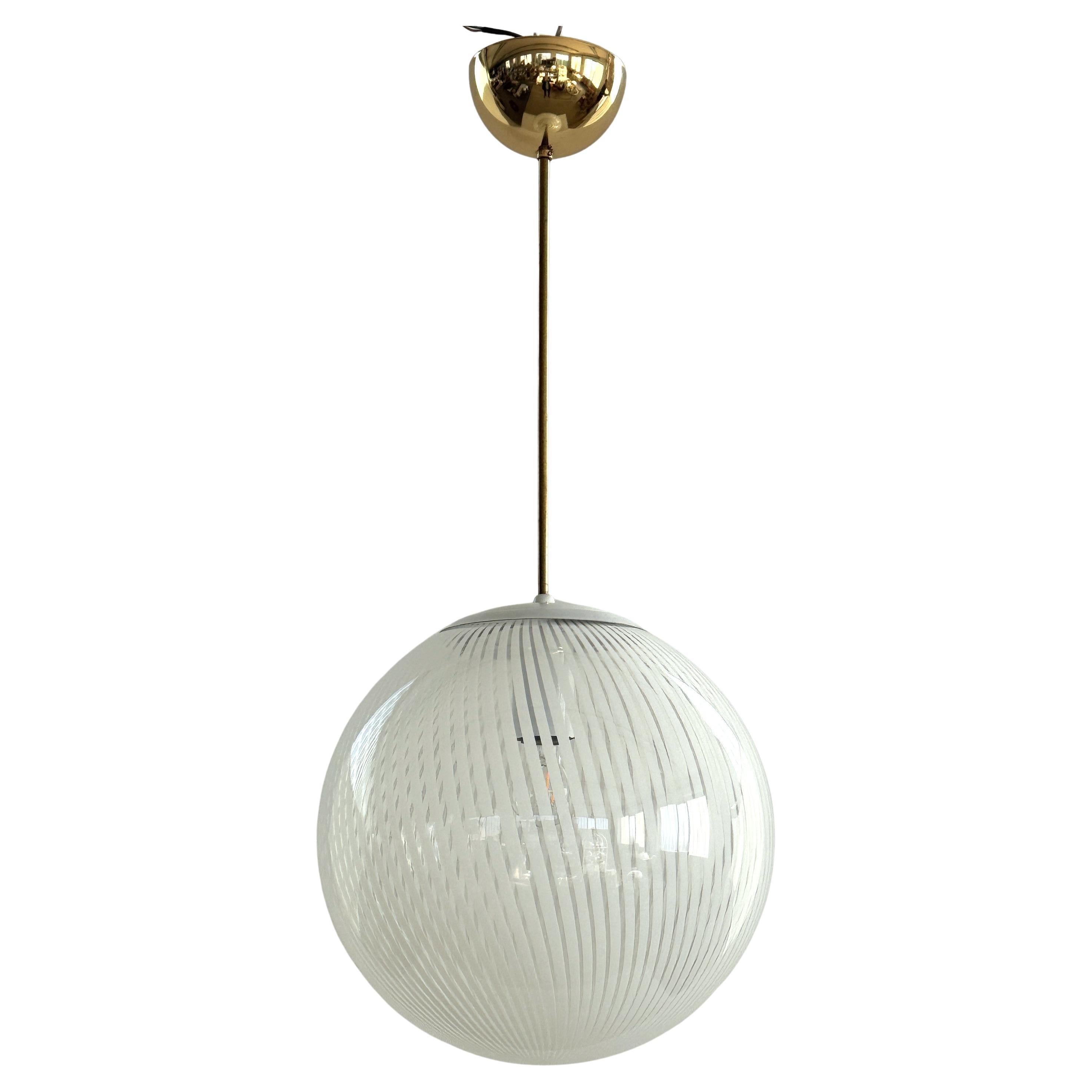 Venini Vintage Chandelier with Murano Tessuto Glass Globe and Brass, 1970s