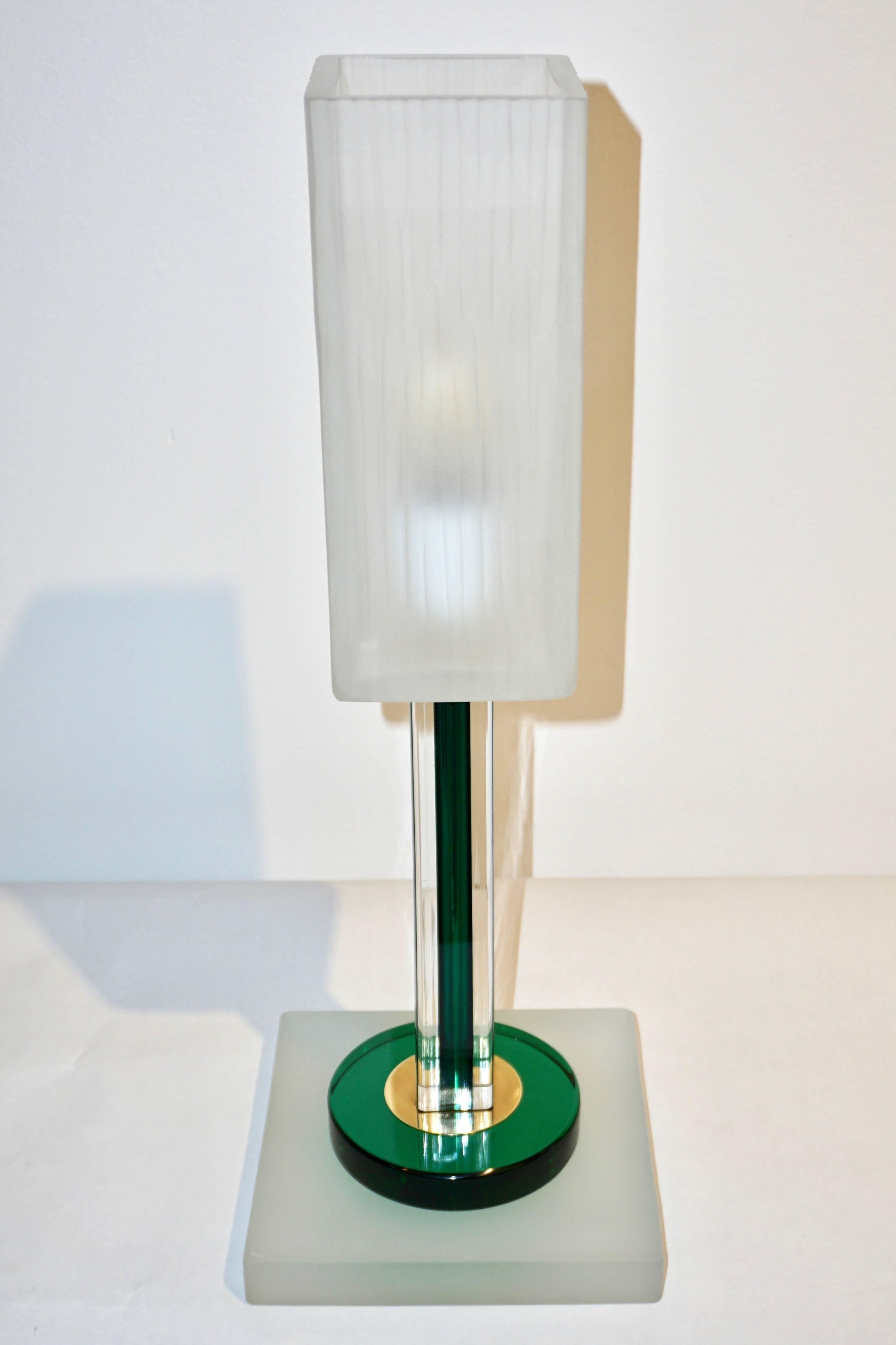 Venini Vintage Green Pair of Table Lamps with White Frosted Murano Glass Shades 2