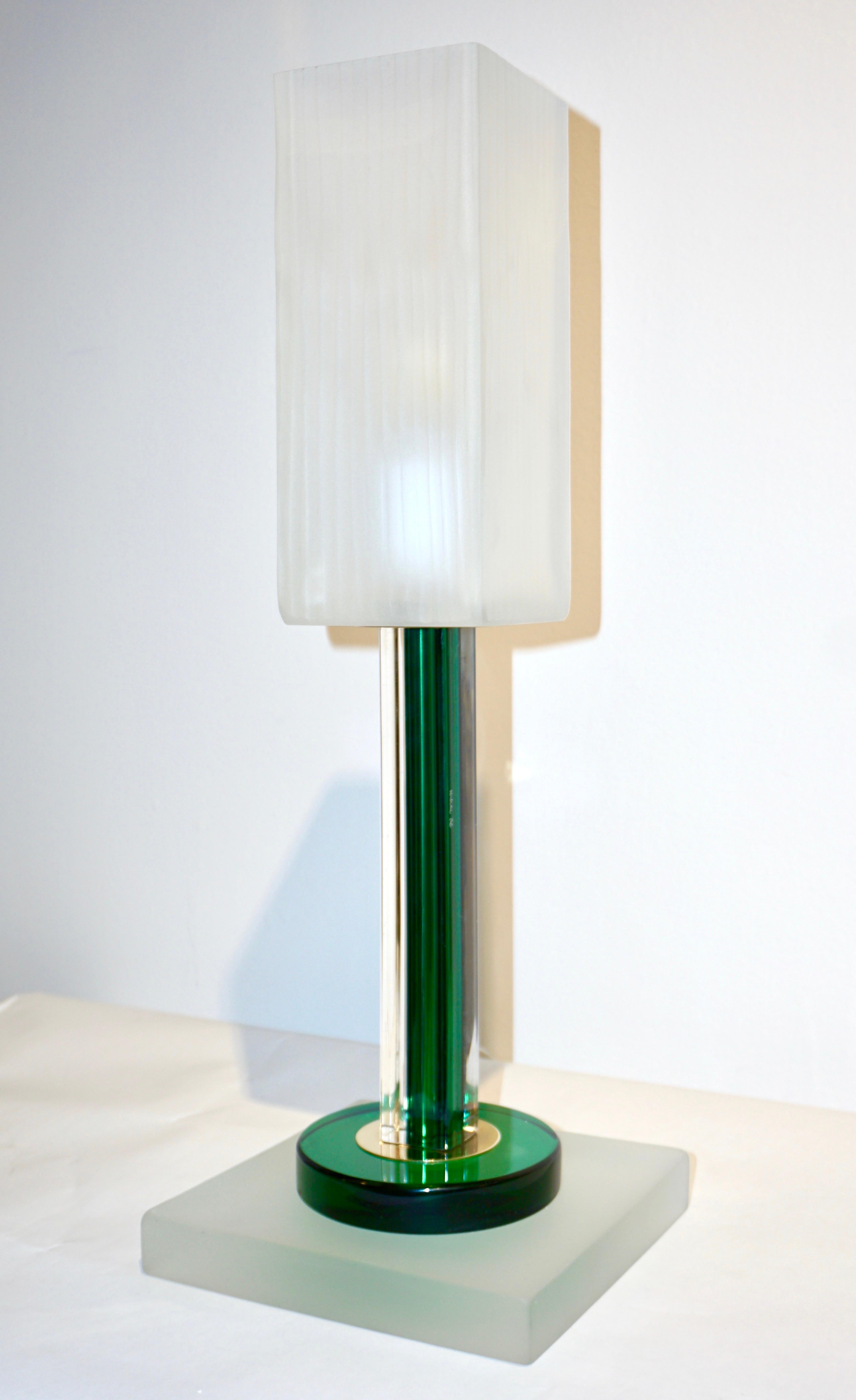 Venini Vintage Green Pair of Table Lamps with White Frosted Murano Glass Shades 3
