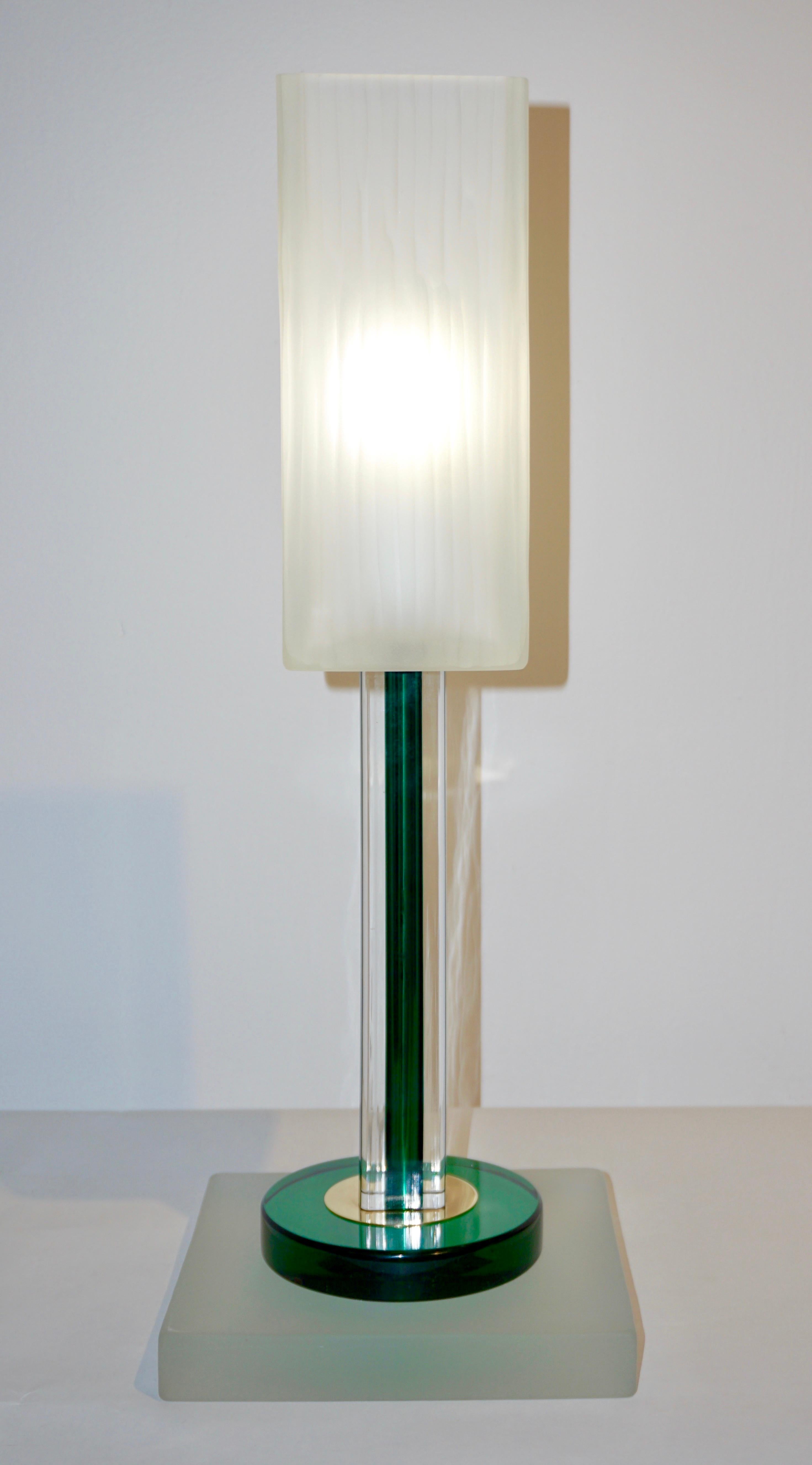 Venini Vintage Green Pair of Table Lamps with White Frosted Murano Glass Shades 4