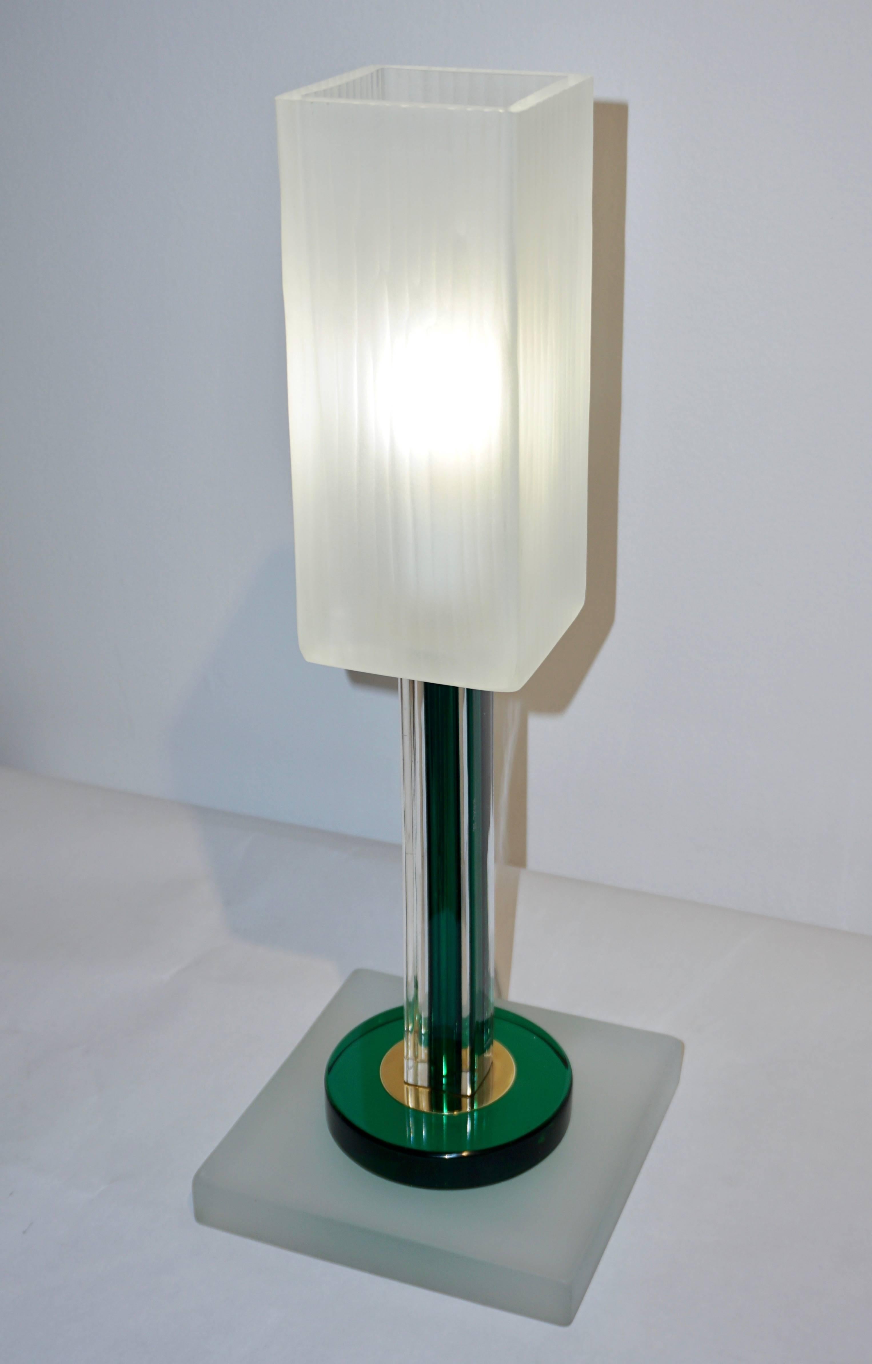 Organic Modern Venini Vintage Green Pair of Table Lamps with White Frosted Murano Glass Shades