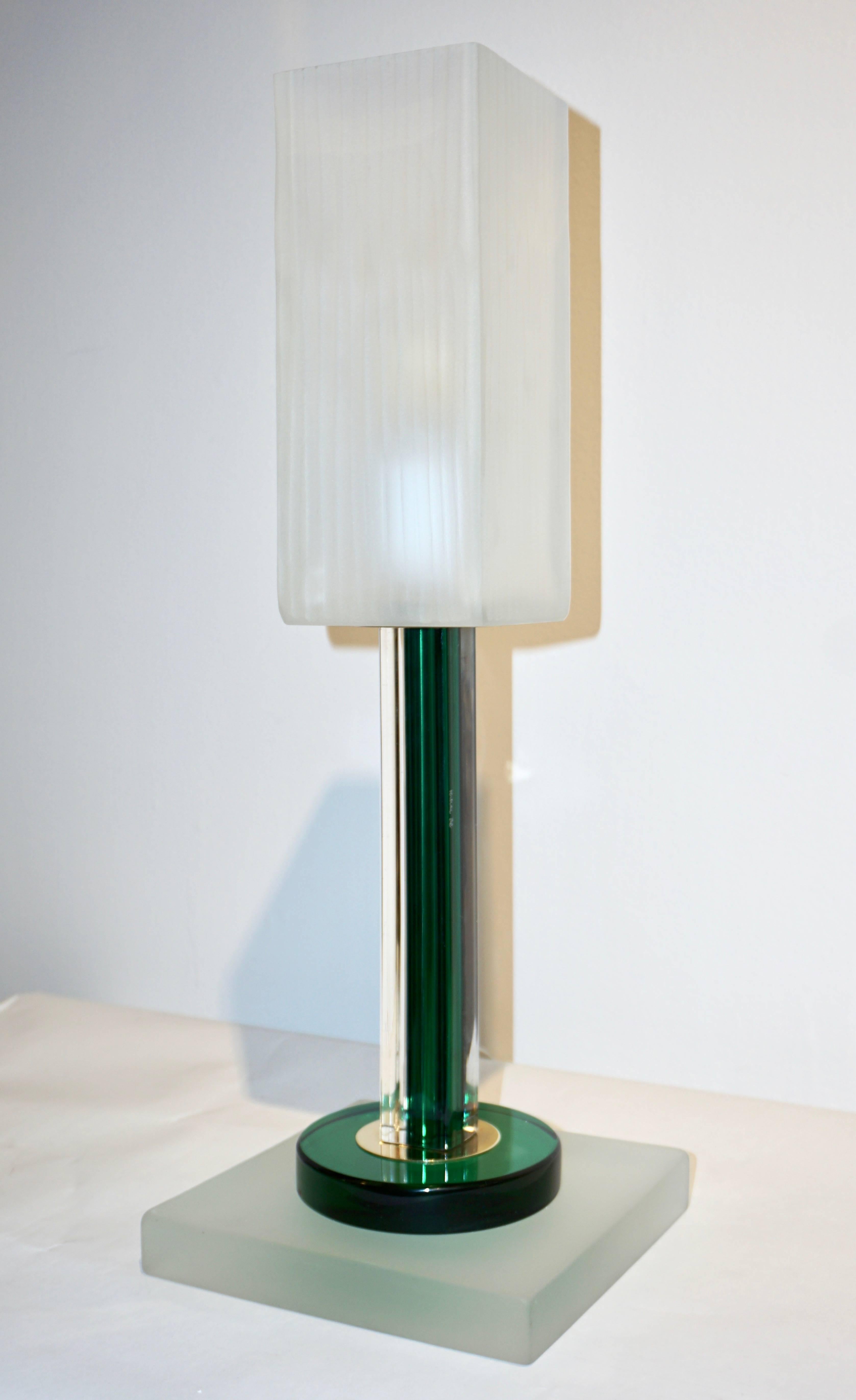 Art Glass Venini Vintage Green Pair of Table Lamps with White Frosted Murano Glass Shades