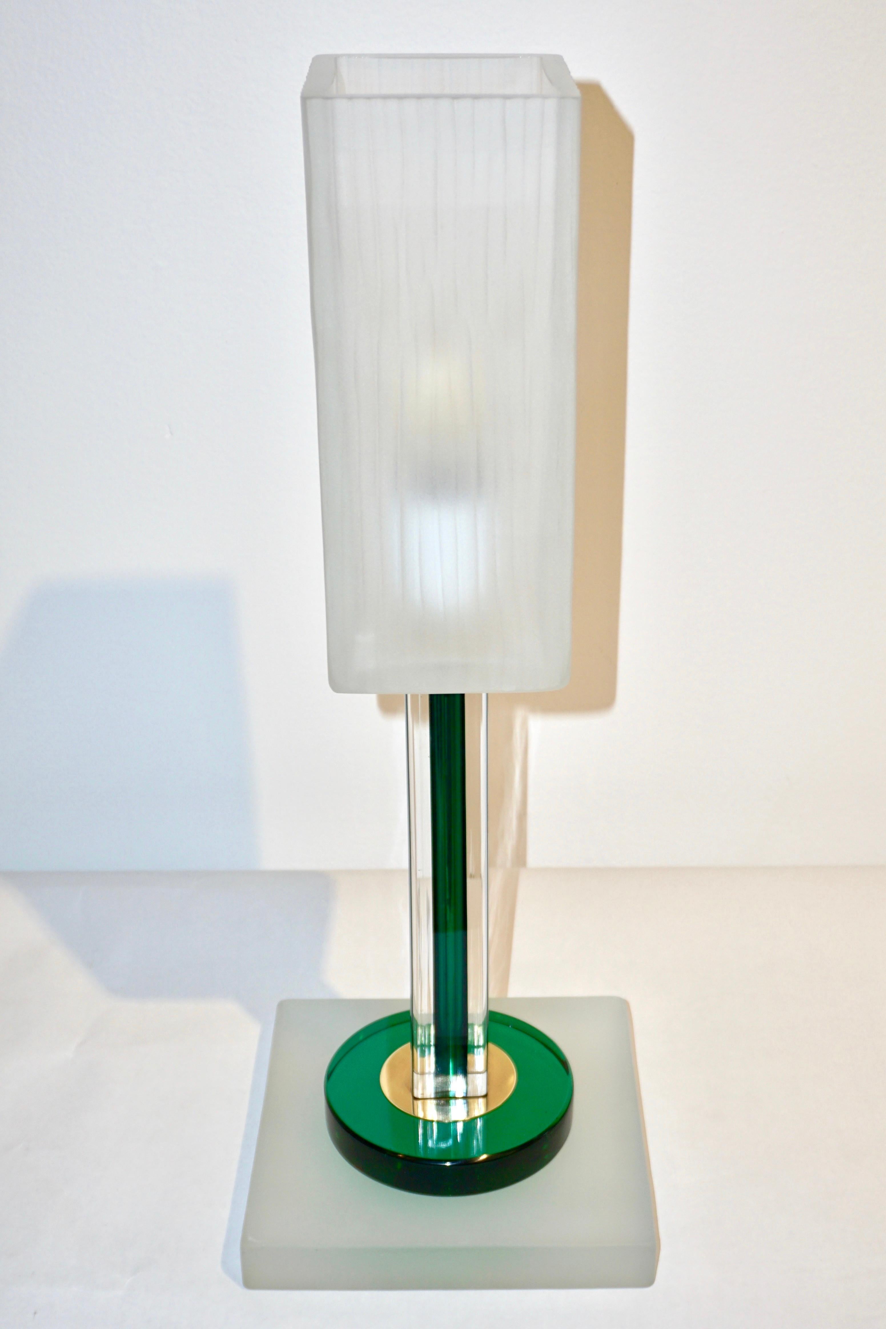 Venini Vintage Green Pair of Table Lamps with White Frosted Murano Glass Shades 1