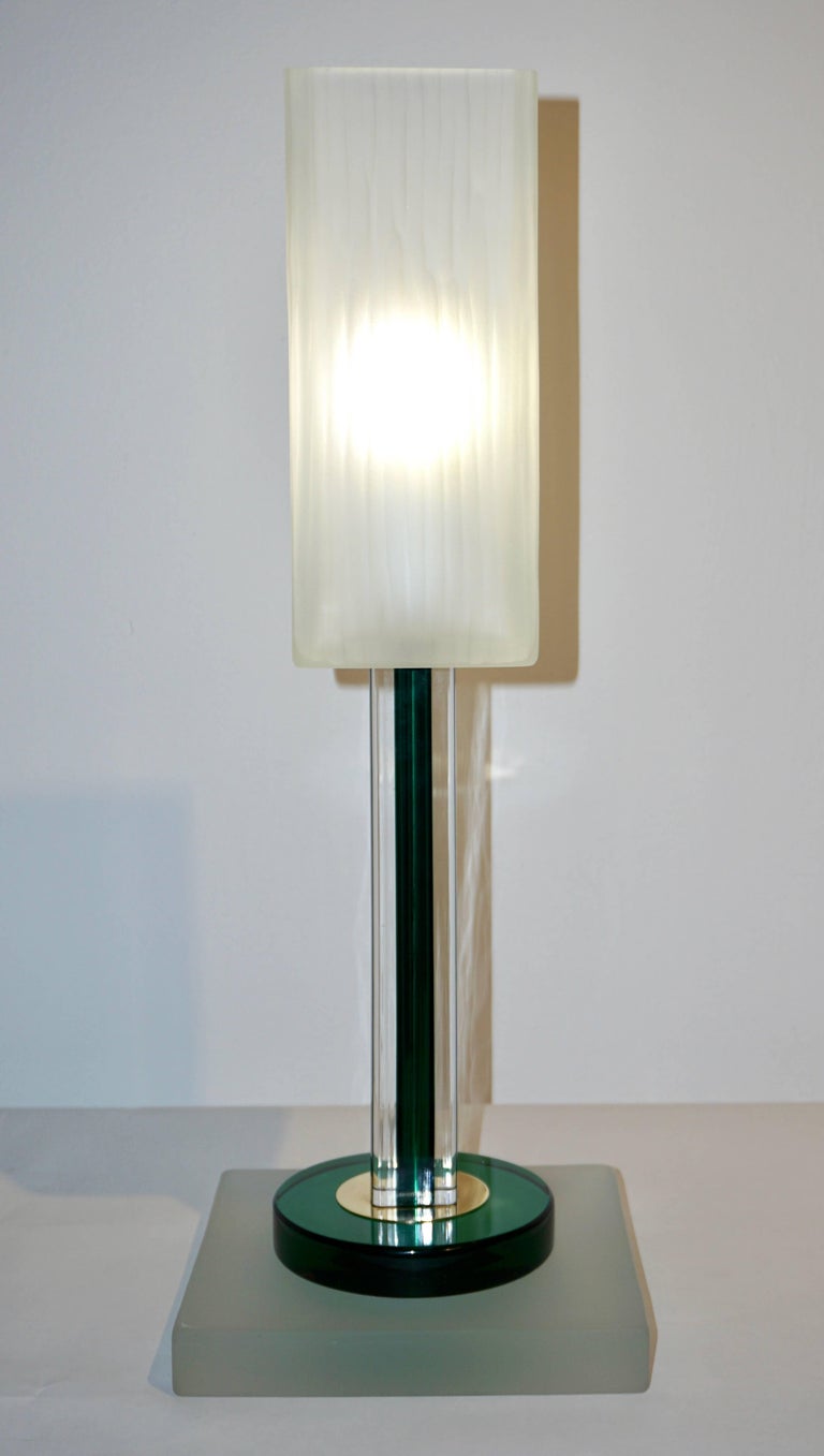 Venini Vintage Green Pair of Table Lamps with White Frosted Murano