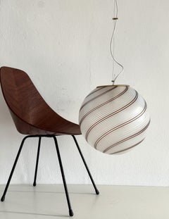 Venini Vintage Pendant with Murano Tessuto Glass Globe and Brass, 1970s