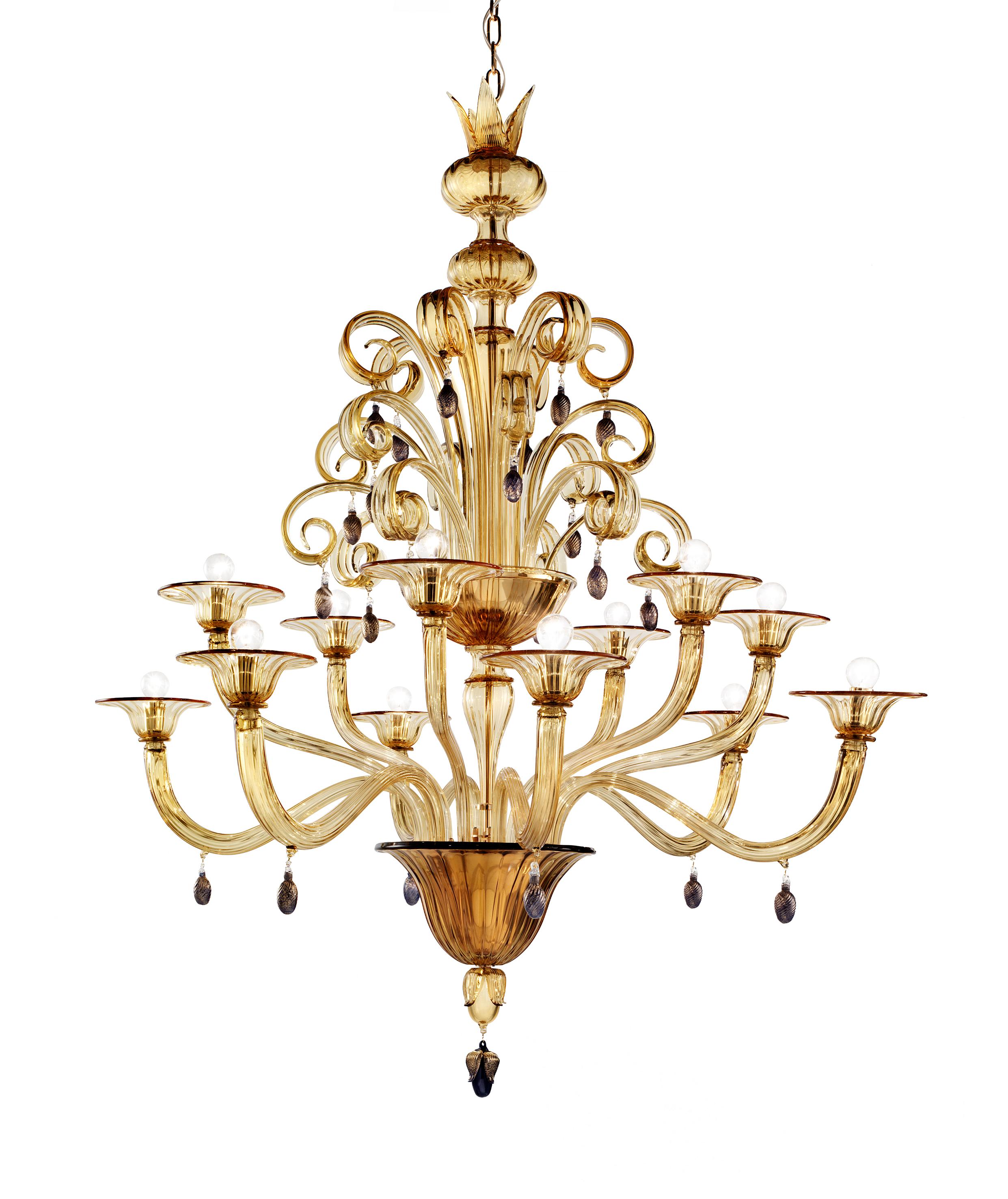 Moderne Lustre Vittoriale Venini à 12 éclairages en verre ambré de Napoleone Martinuzzi en vente
