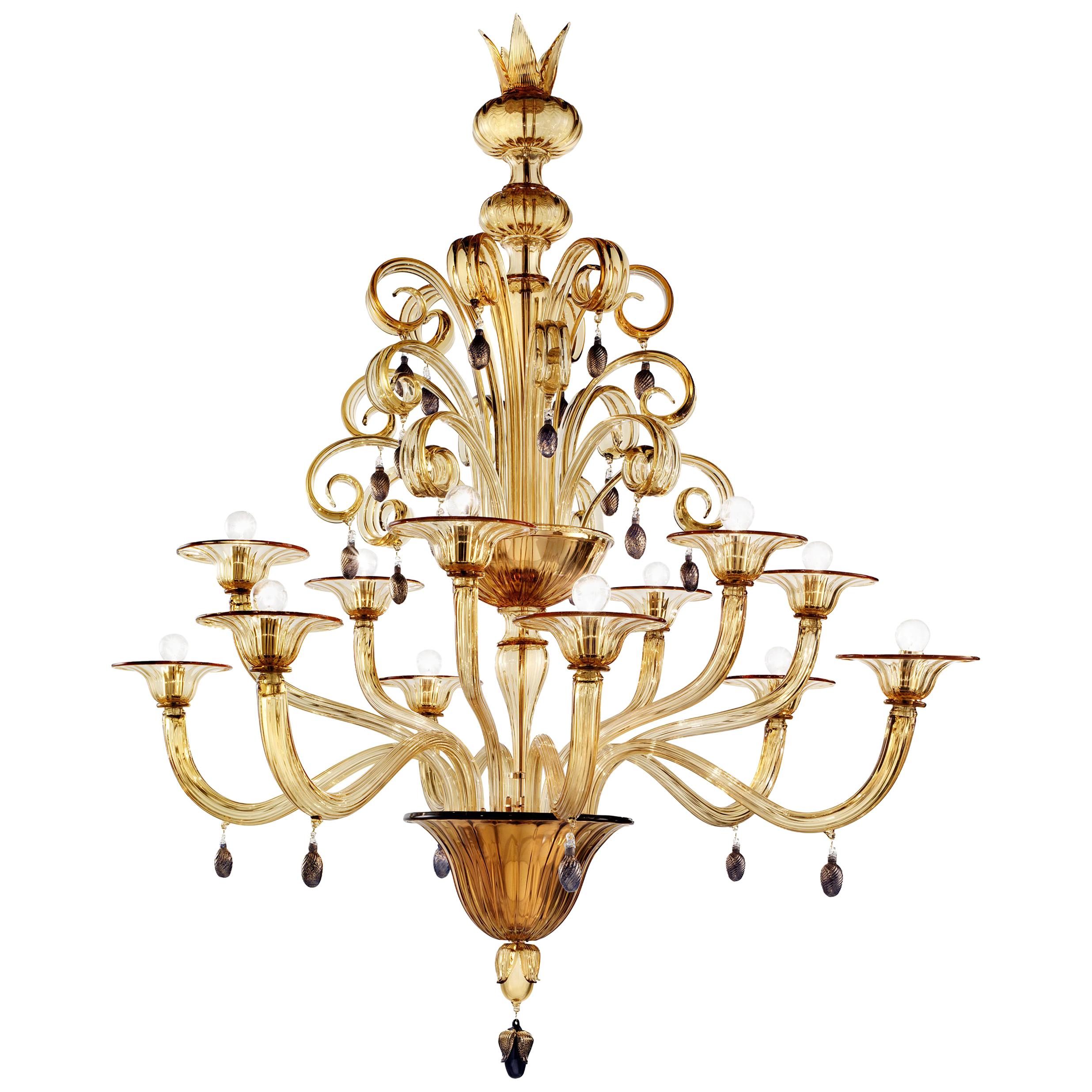 Venini Vittoriale 12-Light Chandelier in Amber Glass by Napoleone Martinuzzi For Sale